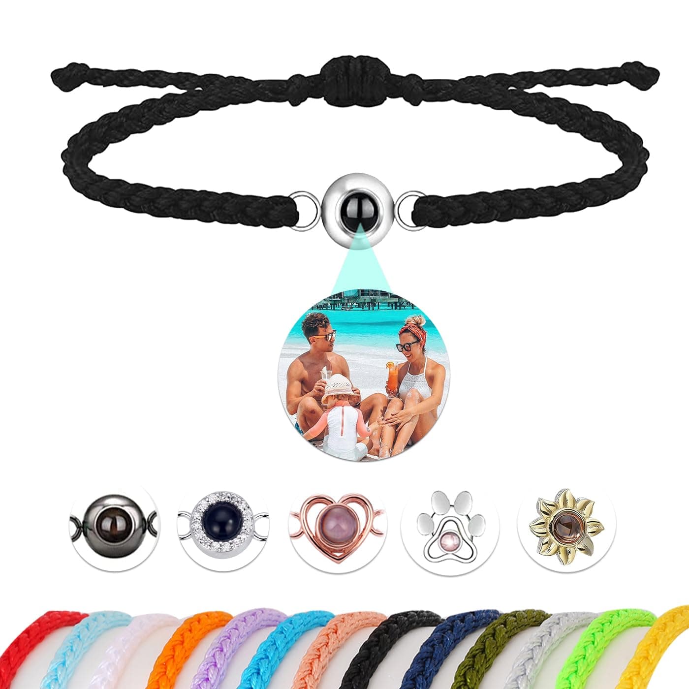 Custom Photo Bracelet with Picture Inside,Projection Picture Bracelet,Gifts Memorial for Women/Men/Family/Friend/Loved,Own Matching (Rope Color/Bead Accessory/Inside Photo Template/Box)