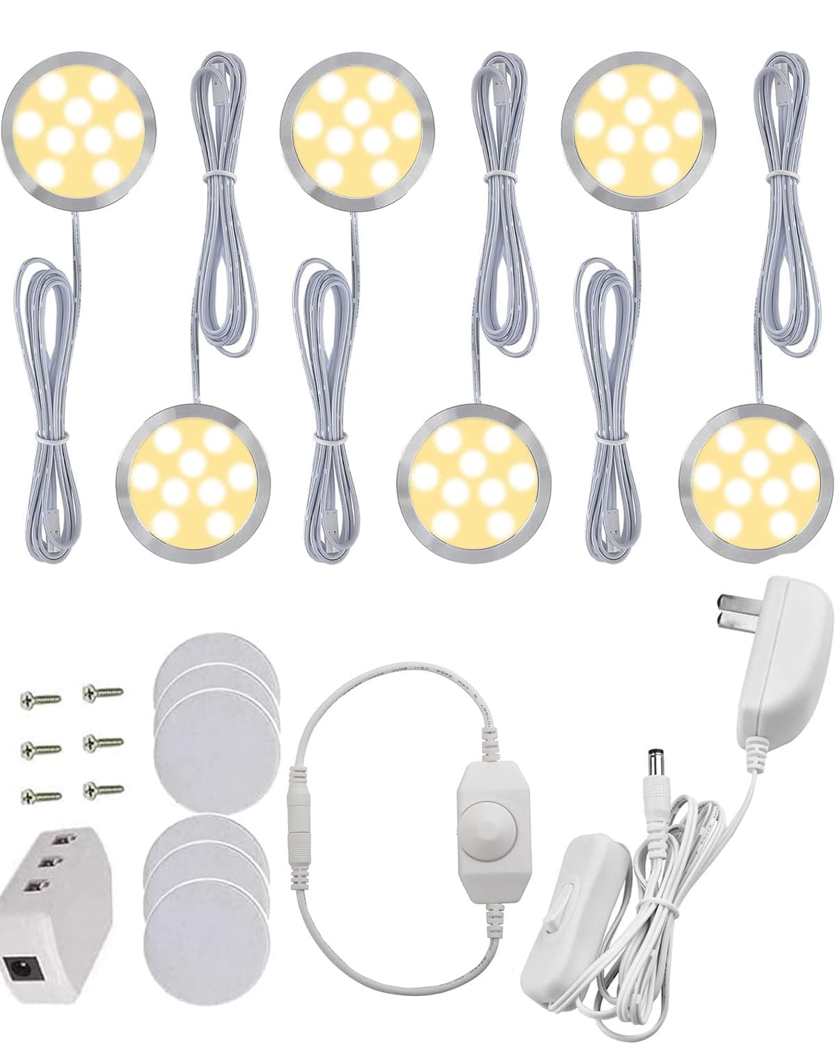 Cefrank Led Dimmable Puck Lights,Set of 6 Warm White Under Cabinet Lighting Kit w/Rotary Dimmer Switch, Total of 12W, LED Counter Light Above/in/Under Kitchen Closet Bookcase, Shelf