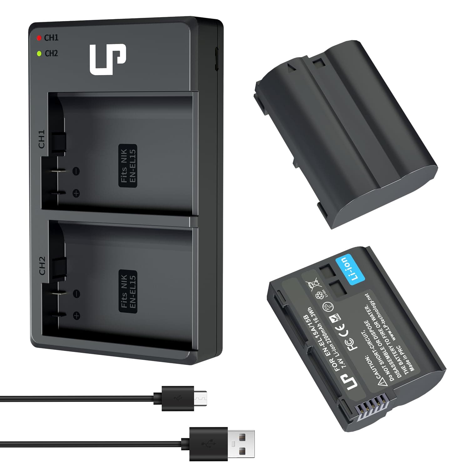 LP EN-EL15 EN EL15a Battery Charger Pack, 2-Pack Battery 2200mAh & Dual Slot Charger, Compatible with Nikon D7500, D7200, D7100, D7000, D850, D750, D500, D810a, D810, D800e, D800, D610, D600 & More
