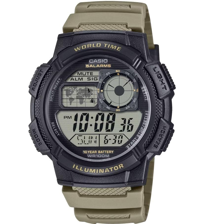 AE-1000W Series | Men’s Digital Watch | Black/Gray | 100M WR | World Time | Multi Time Display | Countdown Timer | Stopwatch | LED Backlight | Auto Calendar | 5 Alarms | 10 Year Battery