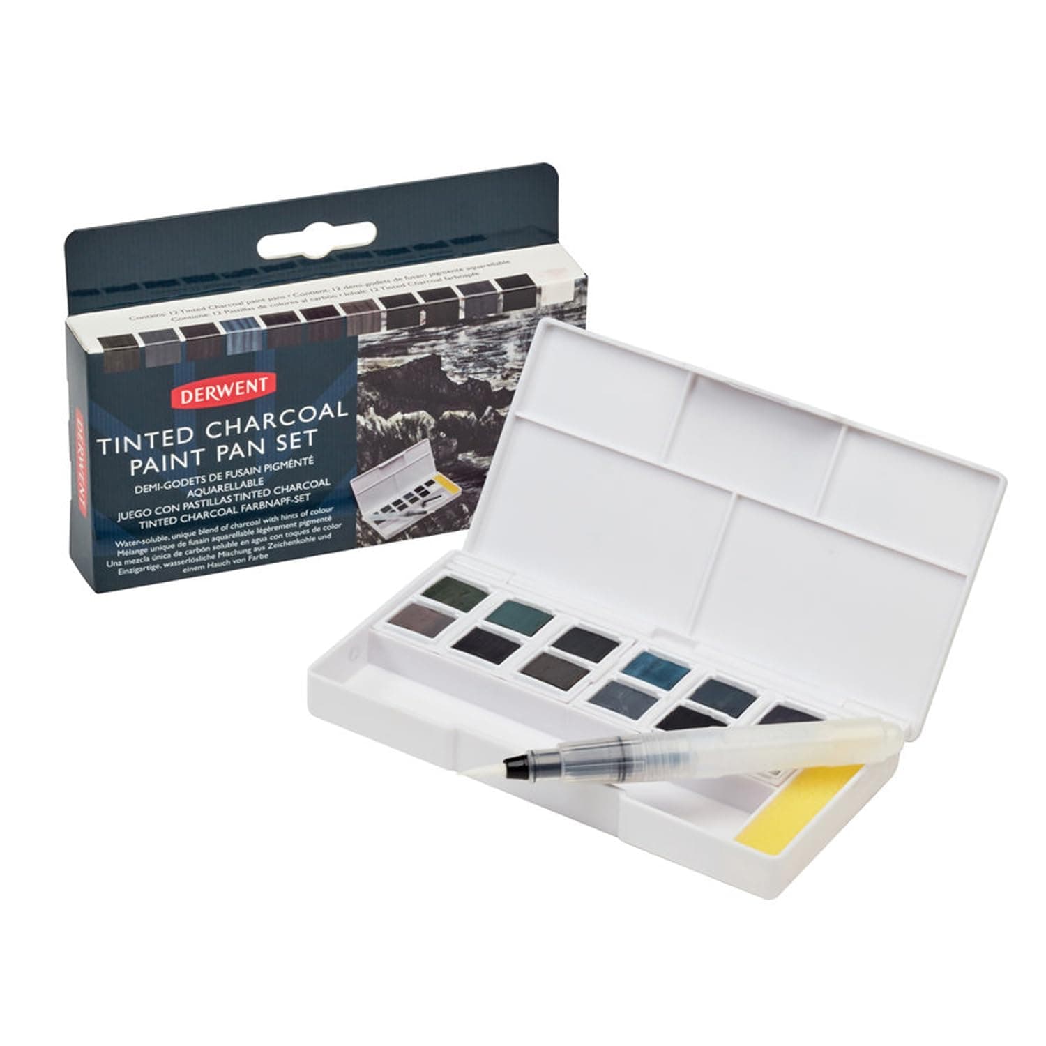 Tinted Charcoal Paint Pan Set, 12 Paints, Professional Quality, Water Soluble, Blendable, Portable, Includes Palettes, Mini Waterbrush & Cleaning Sponge, 2305872