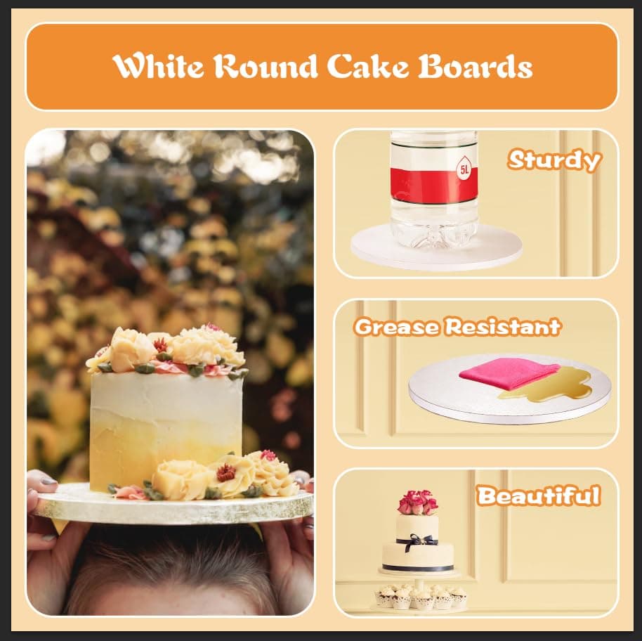 12 Inch Cake Drums-Cake Board with Banner Cake Topper Round White(6-Pack) 1/2 Inch Thick Cake Boards Sturdy, Greaseproof for Birthday Wedding Multi-Tiered Party Cake Boards