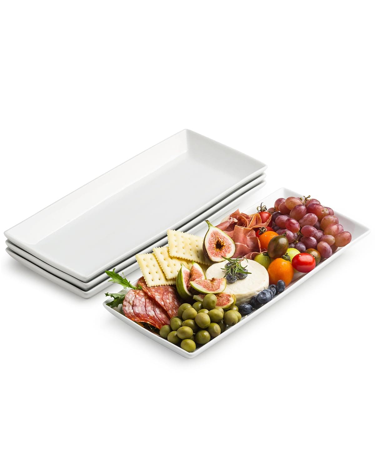 Serving Platters and Tray White Serving Dishes for Entertaining 14-inch Large Rectangle Plates for Easter, Mother's Day, Porcelain Serving Trays for Steak, Taco, Sushi, Appetizer, Party, Set of 4