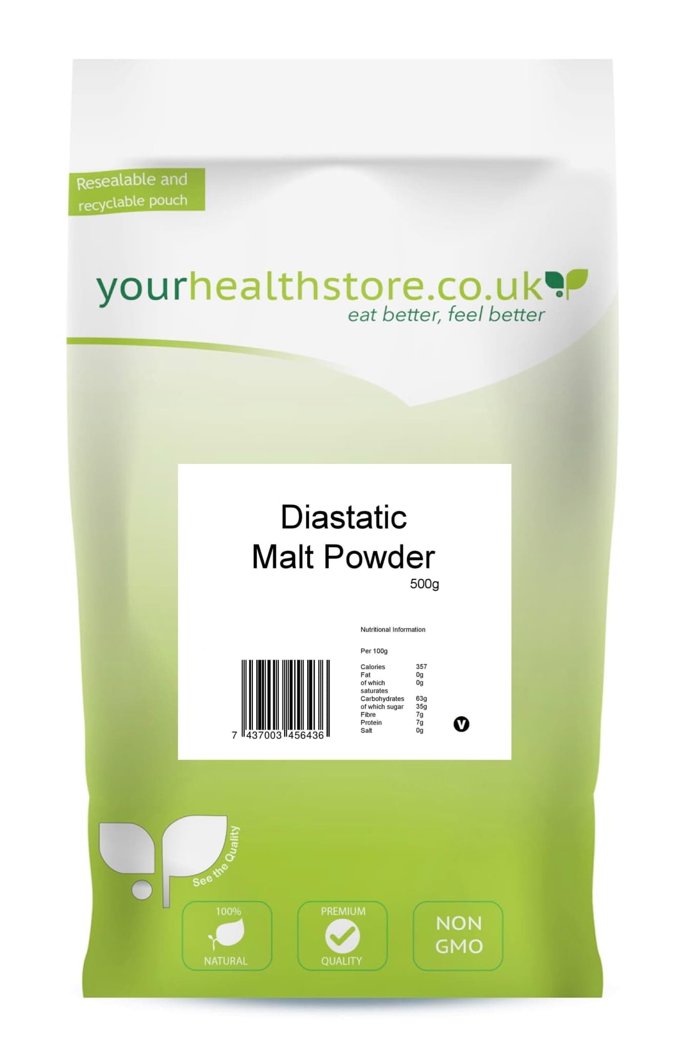 Diastatic Malt Powder 500g by yourhealthstore, 80-120 Lintner, Barley Malt for Bread Making (Resealable and Recyclable Pouch).