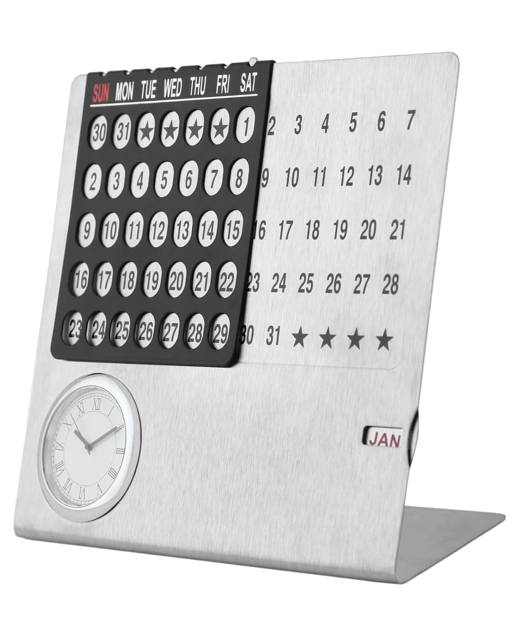 Perpetual Calendar, Lifetime Table Calender, Permanent Desk Calander with Clock, Adjustable Date & Month Display for Home/Office/Corporate Gifts (Metal-Silver) (105 X 40 X 85 mm)