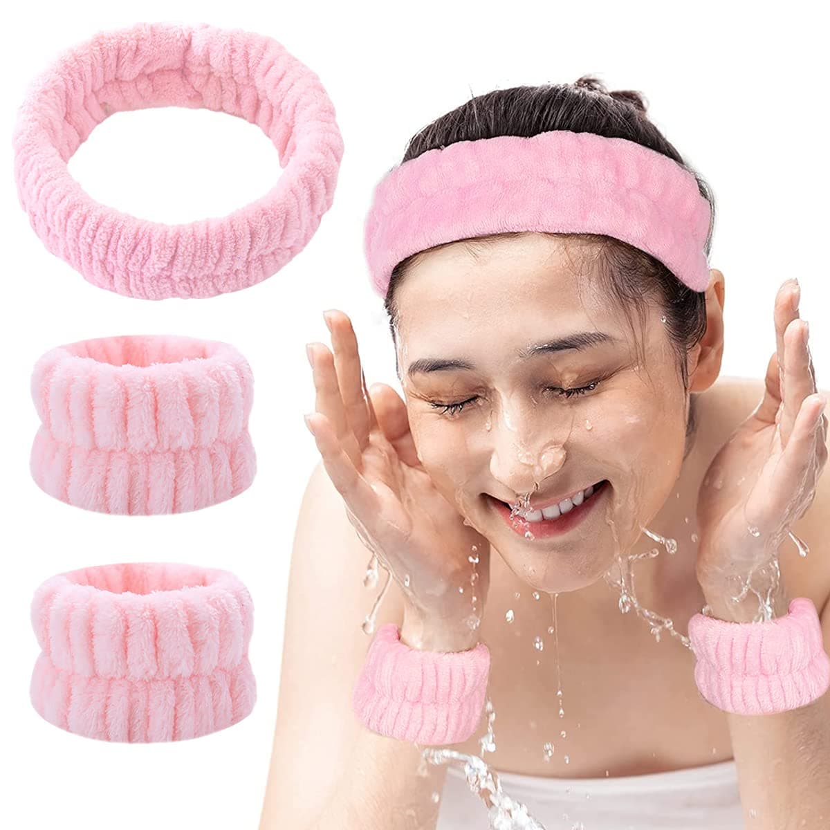 3Pcs Face Washing Headband Wristband Combo Kit, Microfiber Absorbent Hairband Wrist Wash Band Towel for Women Girls for Skincare Makeup Yoga Sport (Pink)