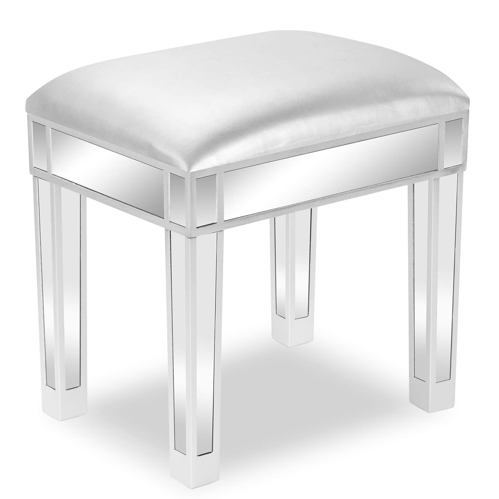 Mirrored Vanity Stool with Storage, Faux Leather Ottoman, Makeup Dressing Table Bench, Silver
