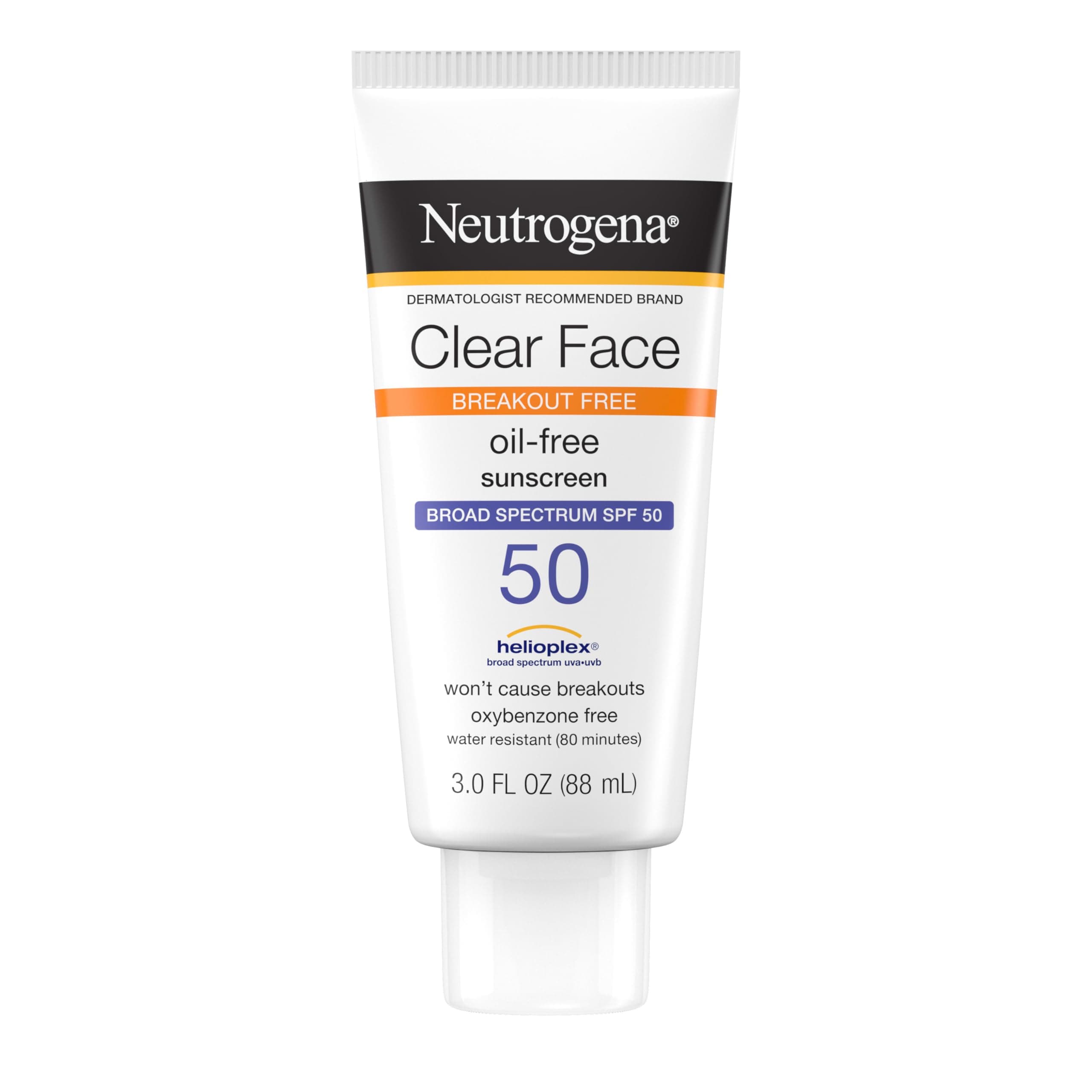 Clear Face Liquid Lotion Sunscreen for Acne-Prone Skin, Broad Spectrum SPF 50 UVA/UVB Protection, Oil-, Fragrance- & Oxybenzone-Free Facial Sunscreen, Non-Comedogenic, 88ml (Pack of 1)