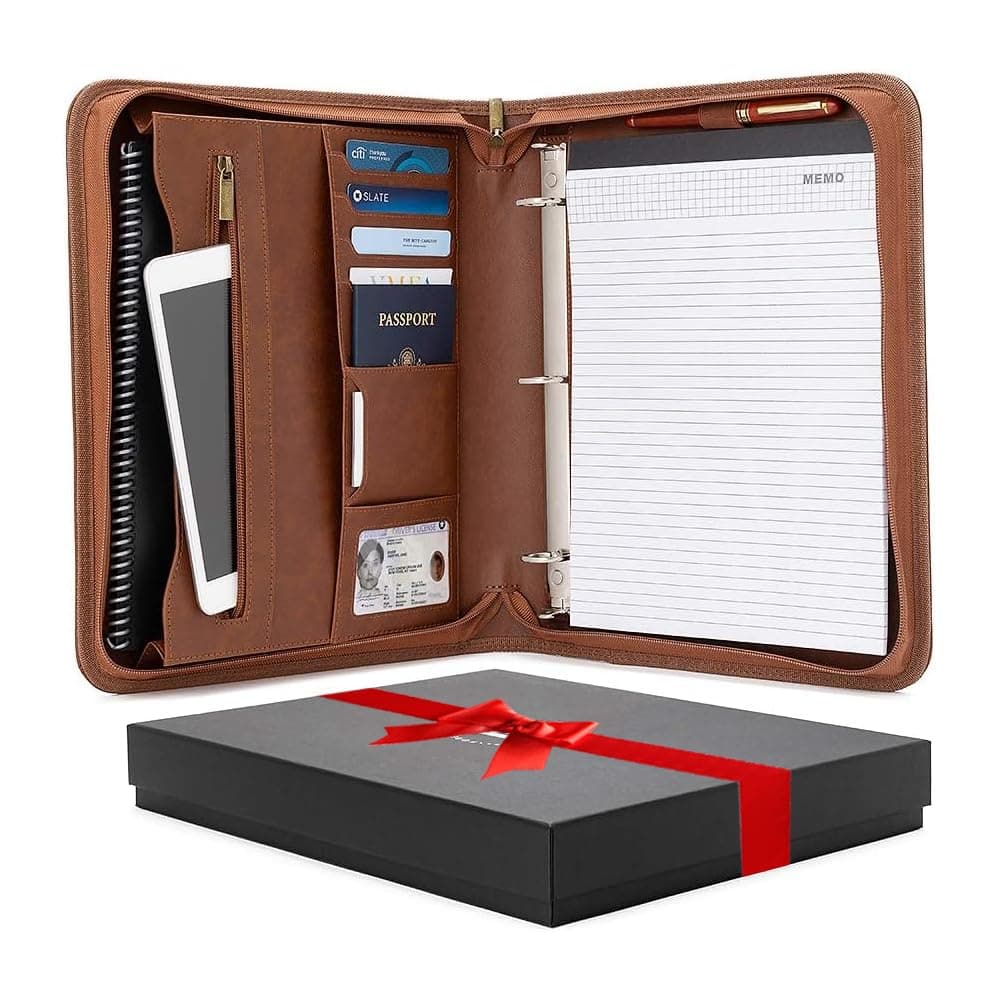 Forevermore Portfolios Padfolio Binder - Professional Faux Leather Travel Organizer Pouch for Tablet, Documents, Removable 3-Ring Notepad - Brown