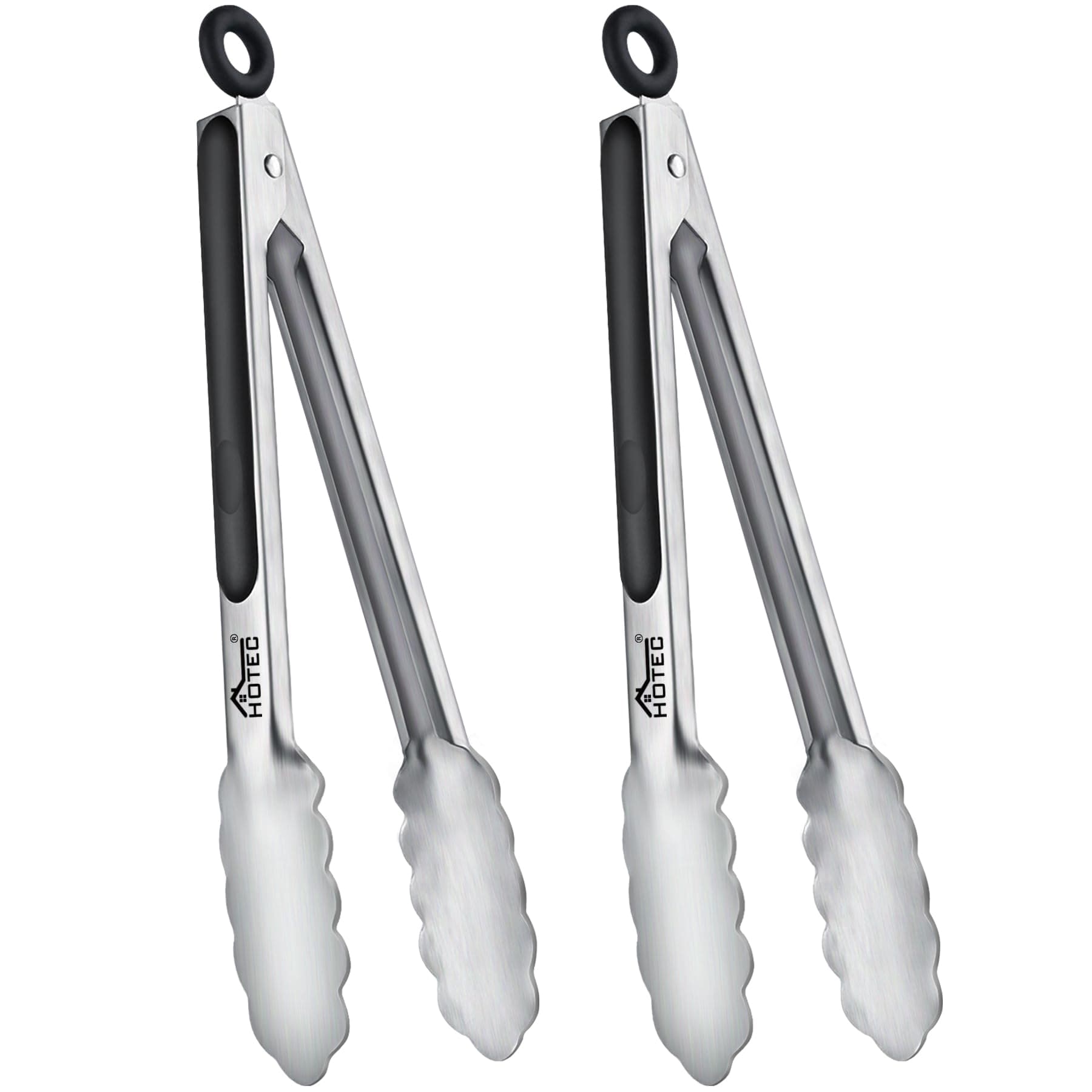 Hotec Stainless Steel Kitchen Tongs, Set of 2-9", Locking Metal Food Tongs for Cooking, Serving, BBQ, Grill Non-Slip Grip