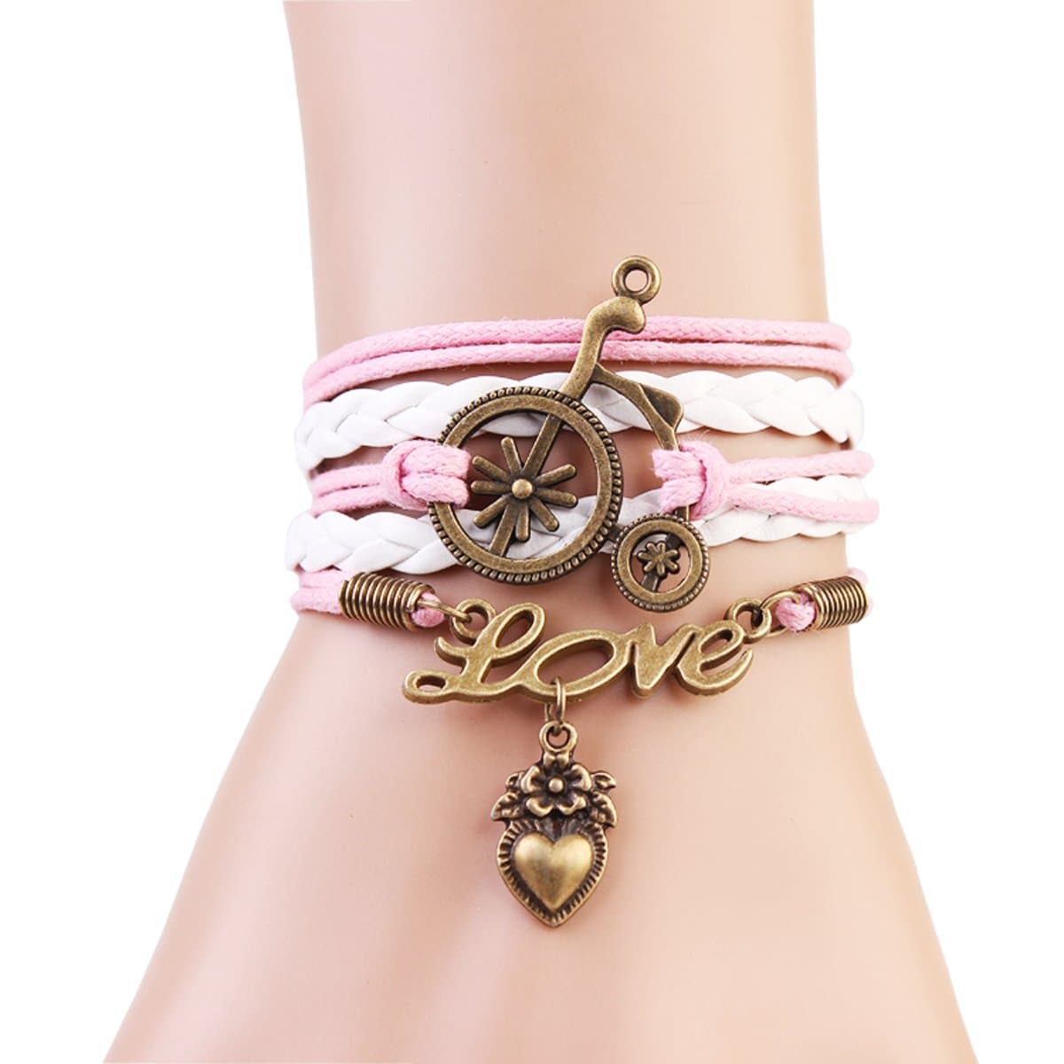Wandafull Vintage Bicycle Love Leather Cuff Bracelet Diy Handmade Pink Rope