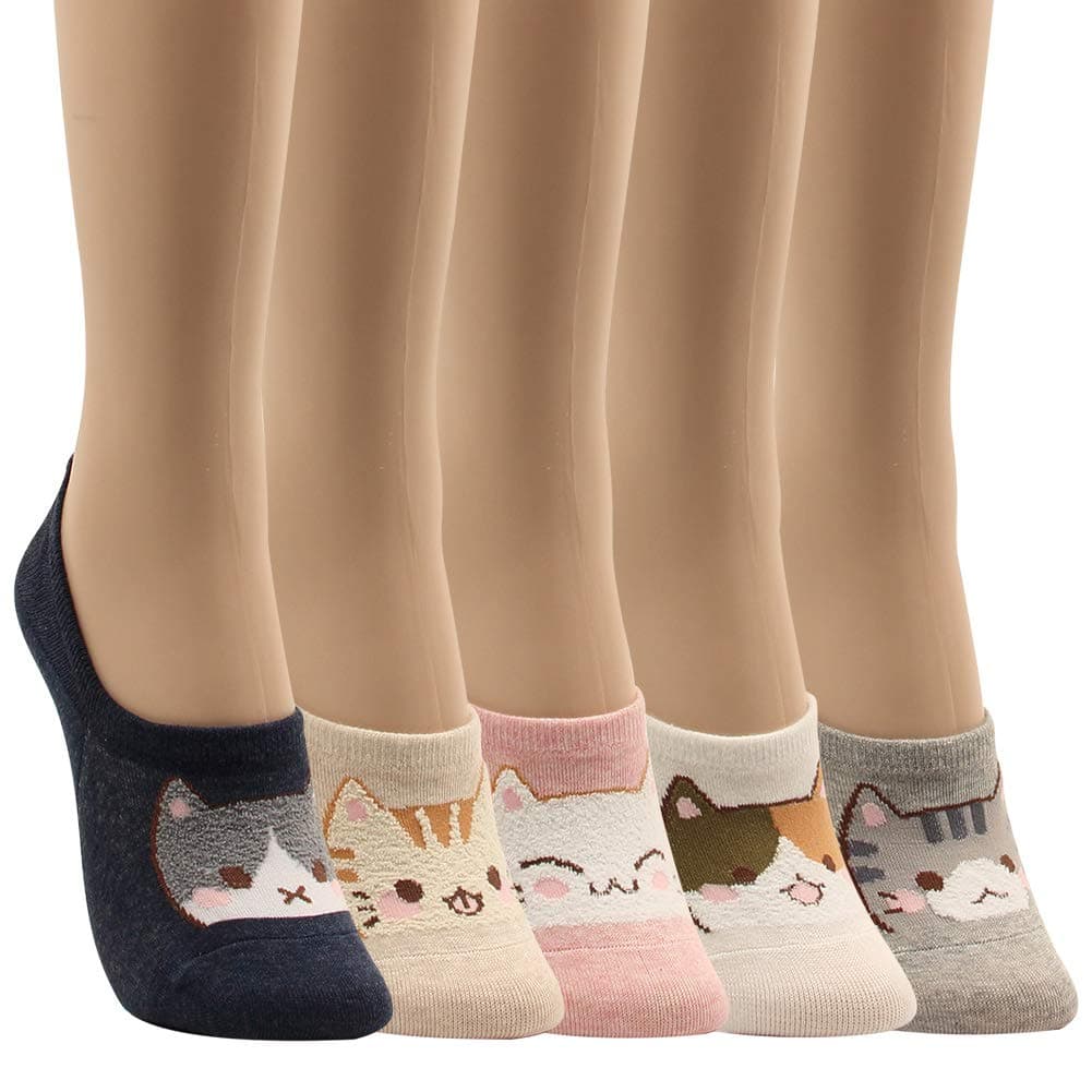 WOWFOOT Women Animal Design No-Show Casual Liner Socks Character Print Non Slip Flat Boat Line 4 Pair