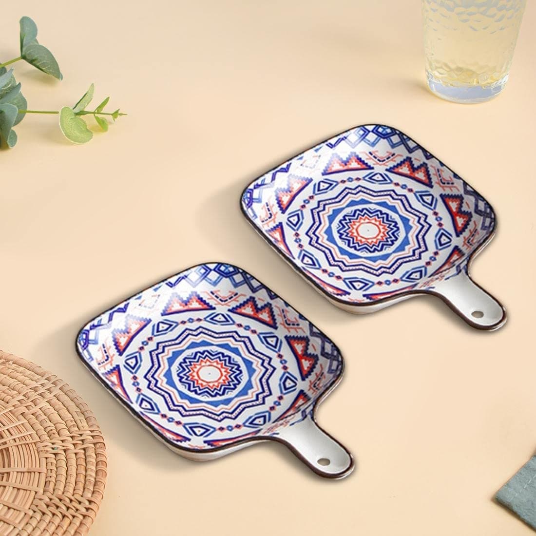 Set of 2 Mandala Ceramic Snack Plates (White & Blue) - Square Dessert Plates with Handle for Baking and Serving Desserts, Snacks & Appetizers | Microwave Safe (9 Inch Each)