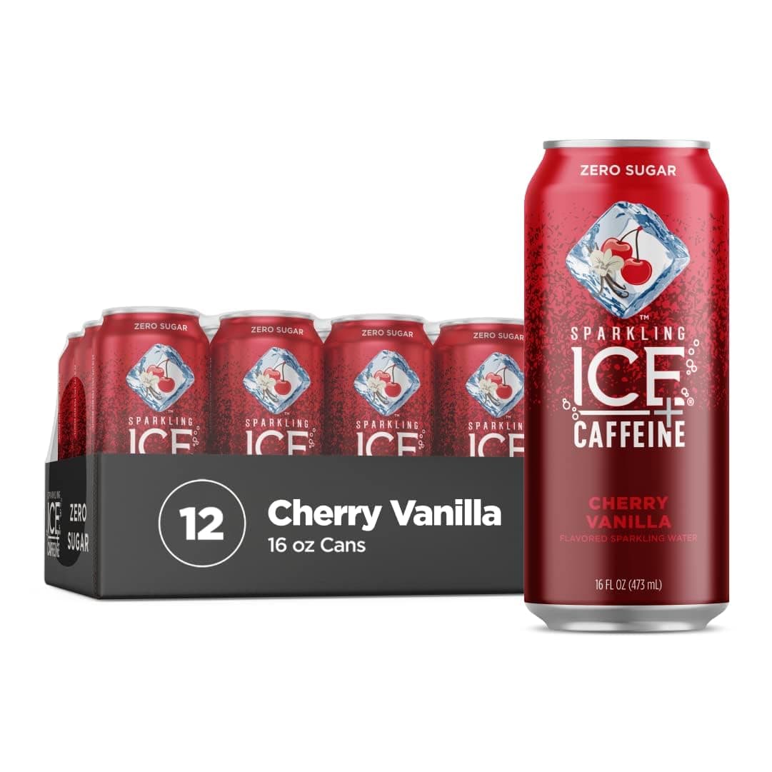 Sparkling Ice Caffeine Cherry Vanilla Sparkling Water with Caffeine, Zero Sugar, with Antioxidants and Vitamins,16 fl oz Cans (Pack Of 12)