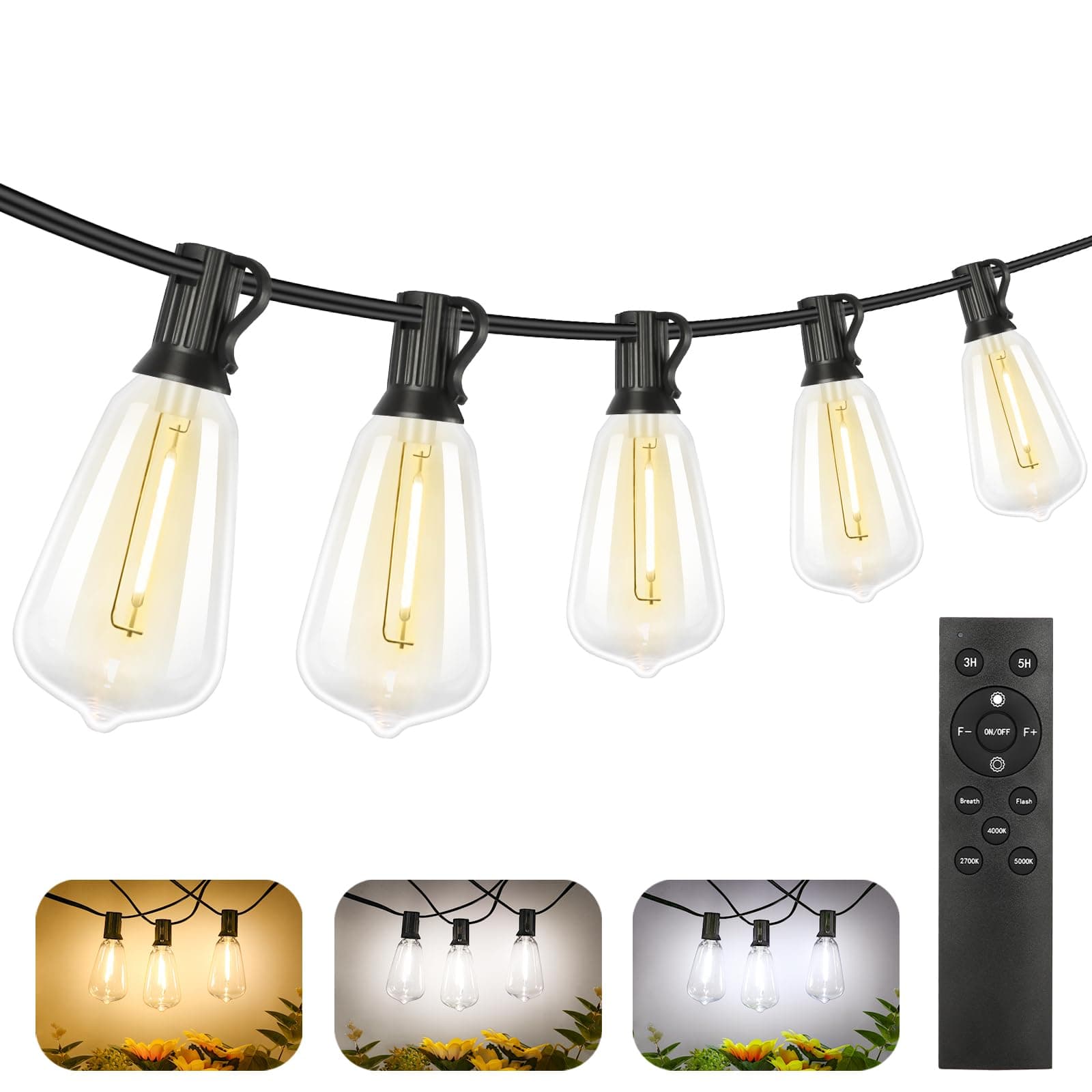Brightever 3M Outdoor LED String Lights with Remote Control 2700K/4000K/5000K Outdoor with Shatterproof Edison Bulbs 75+2 ST38, 3 Modes