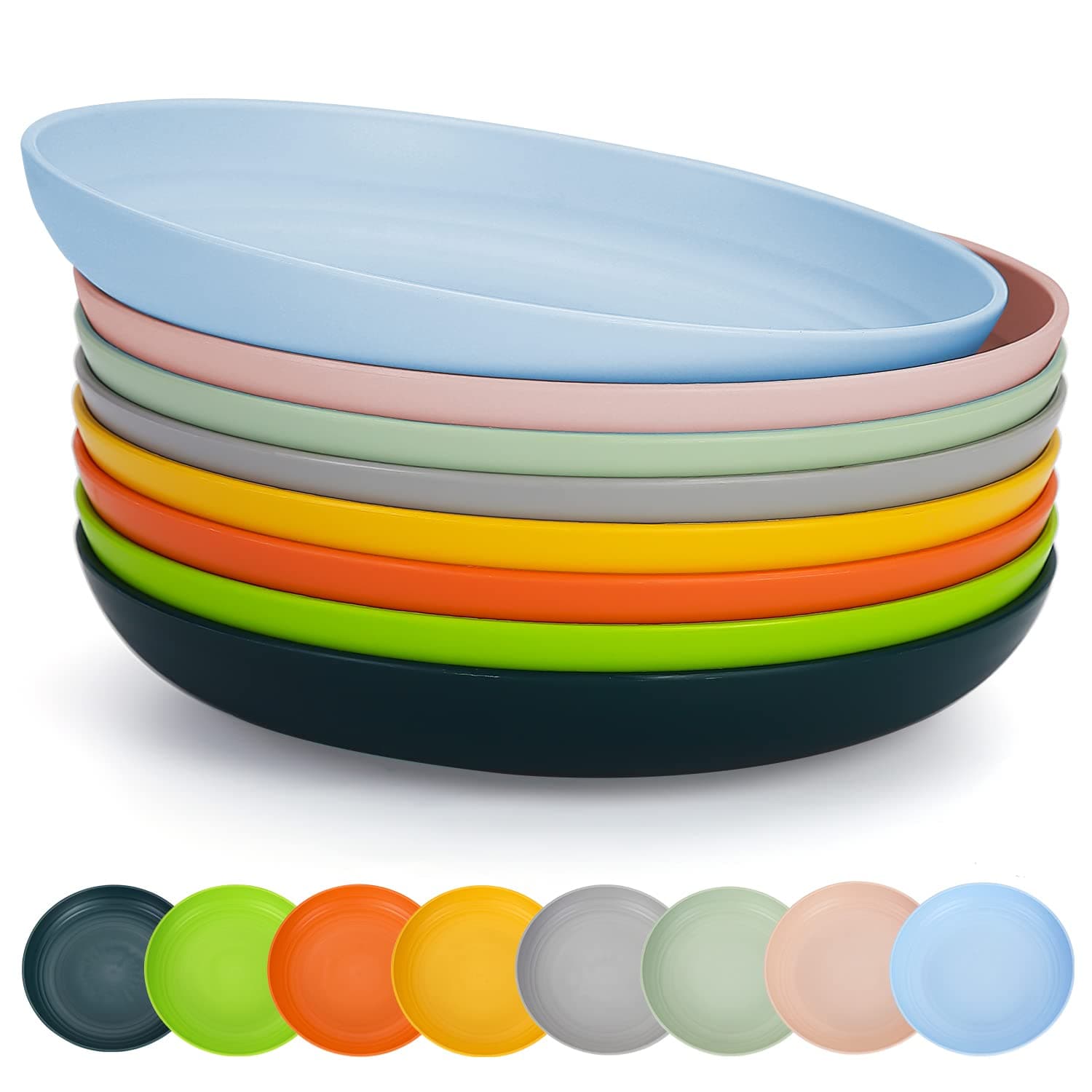 9 Inch Plastic Deep Dinner Plates Set of 8 Colors, Reusable and Sturdy Unbreakable Dishes Set for Pasta Bowls,Ramen,Drop Resistant, BPA Free Dinnerware Microwave Safe Dishwasher Safe