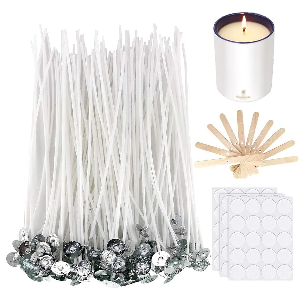 100Pcs Candle Wicks Set,Bulk Candle Wicks with 30Pcs Candle Wick Stickers and 10Pcs Wooden Candle Wick Centering Device,Pre-Waxed Cotton Core Wicks for Candle Making and Candle DIY Gift-20cm