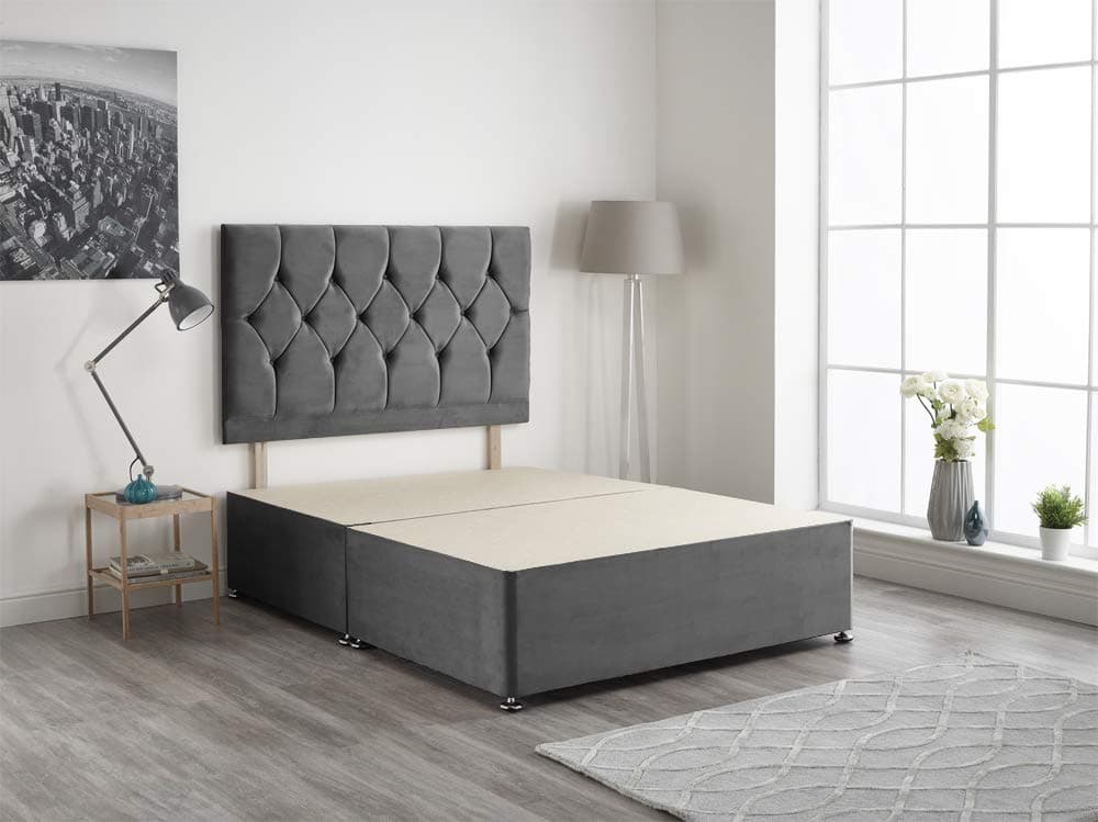 Charcoal Plush Velvet Fabric Divan Base Plus Matching Headboard and 4 Drawers 3ft 4ft 4ft6 5ft 6ft (5FT (King))