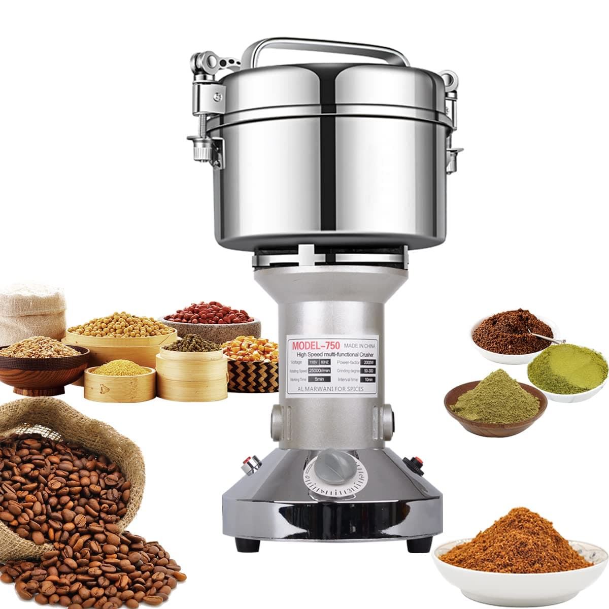 Grain Mill Grinder 750g High Speed Electric Stainless Steel Grinder Cereals Corn Flour Pulverizer Powder Machine for Dry Spice Herbs Grains Coffee Rice Pepper