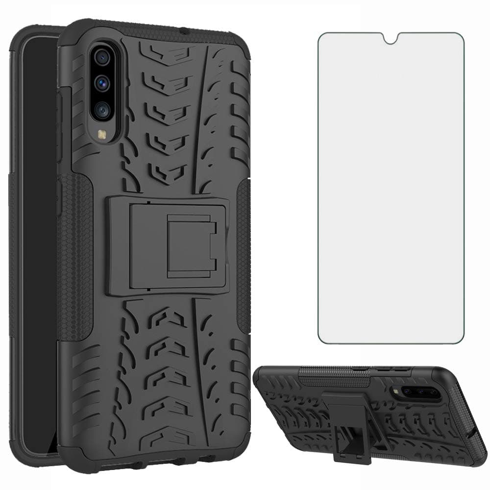 Phone Case for Samsung Galaxy A70 with Tempered Glass Screen Protector Cover and Stand Hard Rugged Hybrid Heavy Duty Protective Cell Accessories Glaxay A70S A 70 Gaxaly 70A S70 Cases Women Men Black