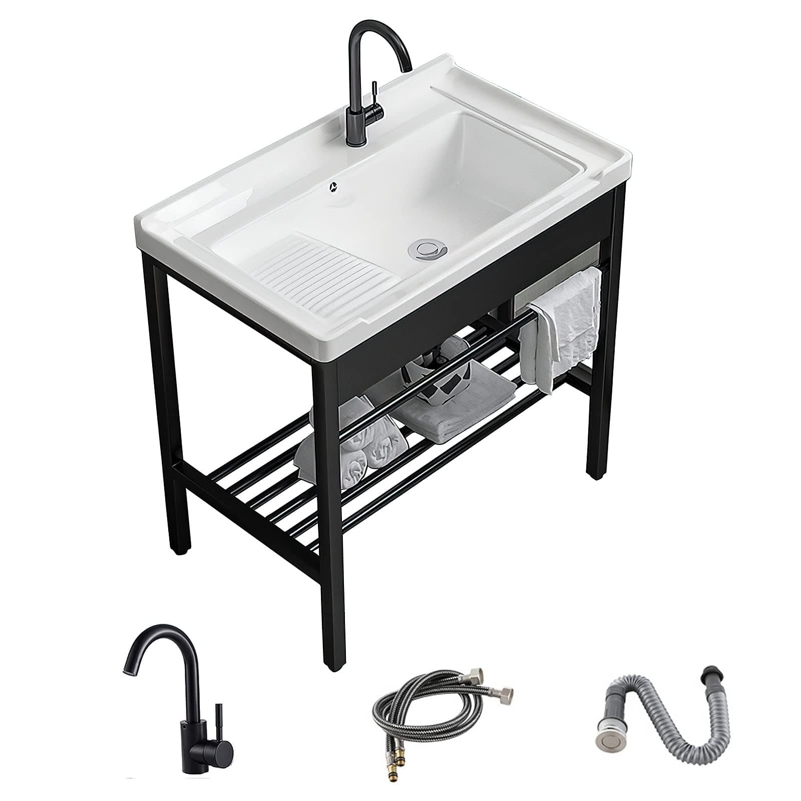 Freestanding Laundry Utility Sink, 28.3" × 19" × 32.3" Ceramic Sink Set with Bracket and Drainage Kit for Laundry Room, Utility Room, Garage, Basement, Outdoor and Indoor