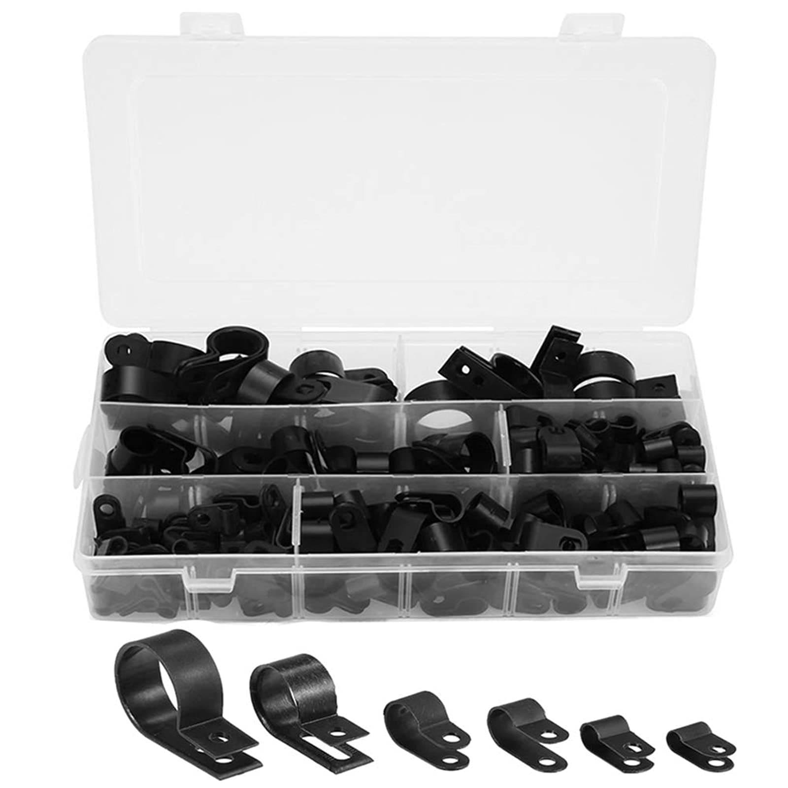 200 Pcs Black Nylon Plastic R-Type Cable Clamps 3/16" 1/4" 3/8" 1/2" 3/4" 1" Clips Fasteners Assortment for Cable Conduit