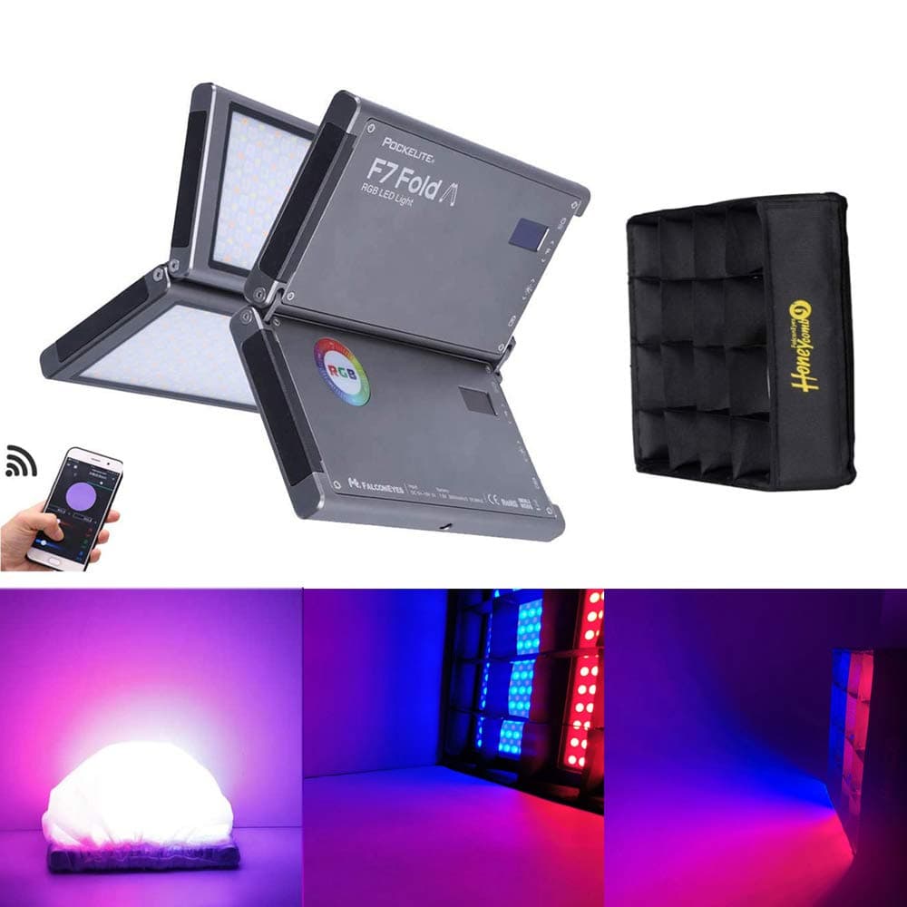 Falcon Eyes F7 Fold 24W RGB LED Video Light + Honeycomb Grids Softbox + Magic Arm LED Continuous Photo Lighting Dimmable 2500K-9000K with Magnet Adsorbtion Adroid & iOS APP Control (F7 Fold HC)