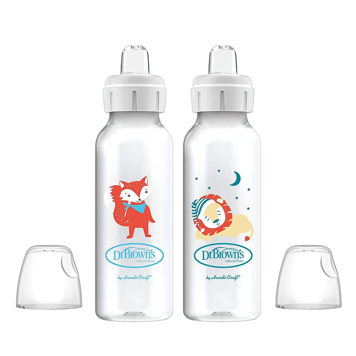 Dr. Brown's Milestones™ Narrow Sippy Bottle, 100% Silicone Soft Sippy Spout, 8oz/250mL, Fox & Lion, 6m+