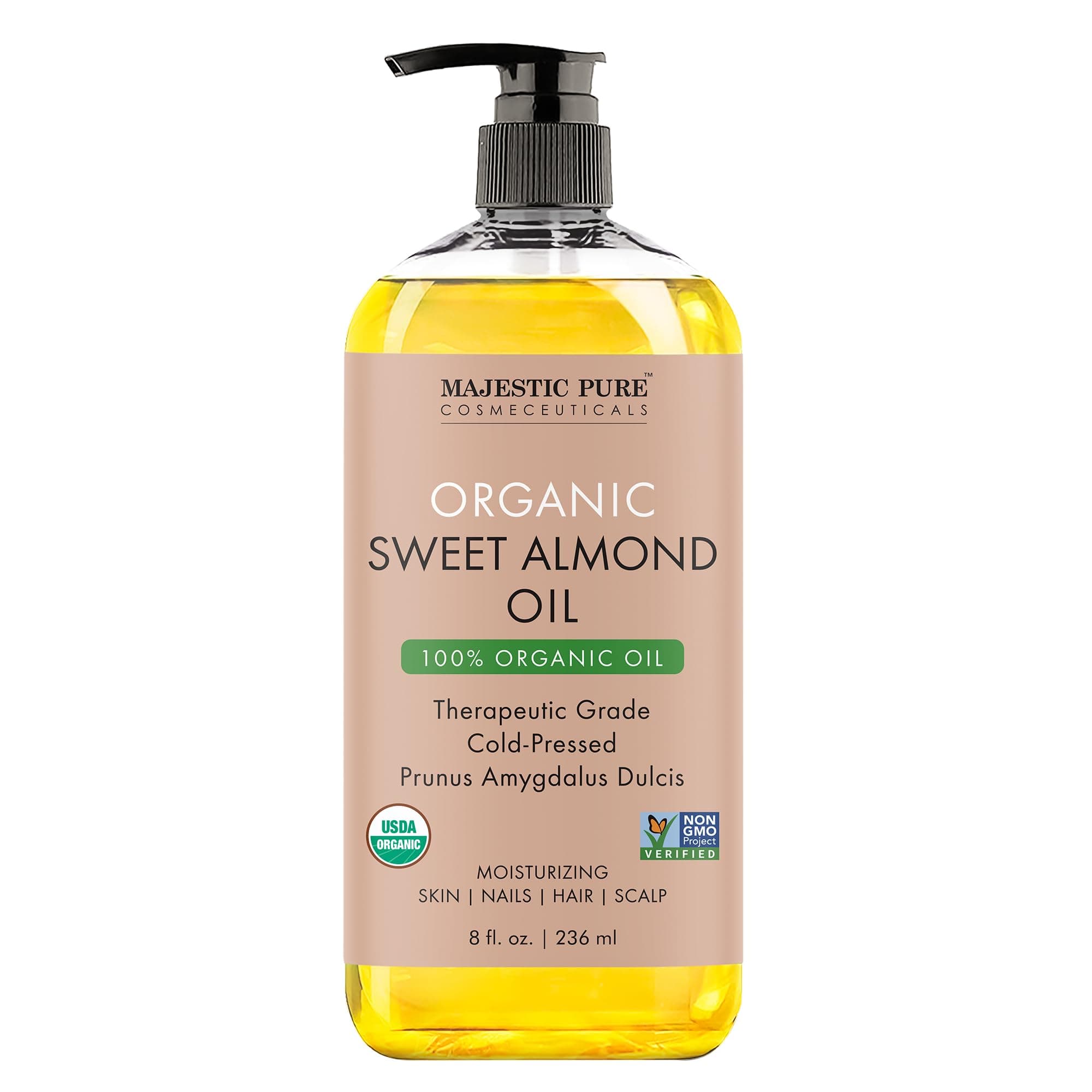 Majestic Pure USDA Organic Sweet Almond Body Oil | Large 236 ml | 100% Pure & Natural Cold Pressed Oil Sweet Almond Oil for Skin, Face, Nails, Hair, Scalp & Massage | 236 ml