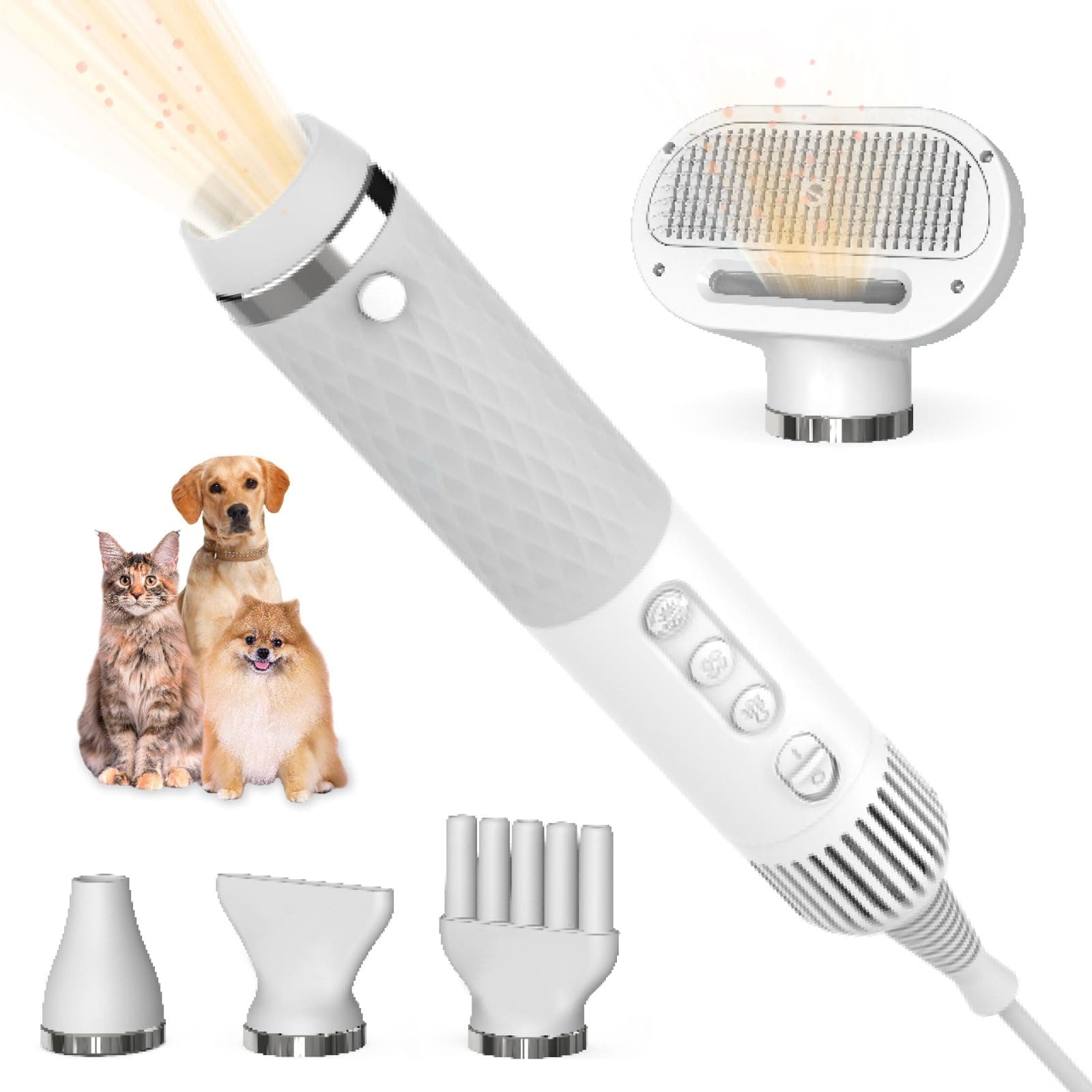 Dog Hair Dryer | 5-in-1 Pet Groomer with additional Nozzles and Slicker Brush | Portable, Quiet, NTC Smart Temperature Control, Negative ION Technology | For Dogs and Cats