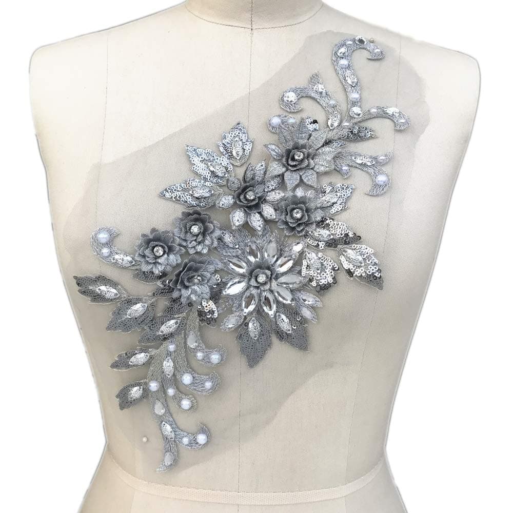 succi shan 19 * 38cm 3D Colorful Flower Mesh Embroidered Rhinestone Lace Beaded Applique with Sequins DIY Lace Fabric Trim for Clothes Accessories Hardware (Gray)