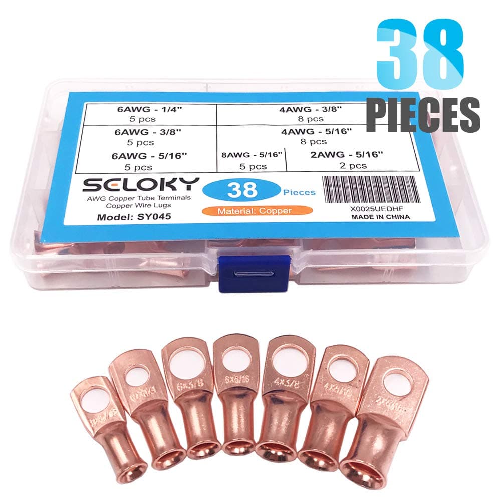 Seloky 38pcs 7types Heavy Duty Wire Lugs Battery Cable Closed Ends Bare Copper Eyelets Tubular Ring Terminal Connectors Assortment Kit