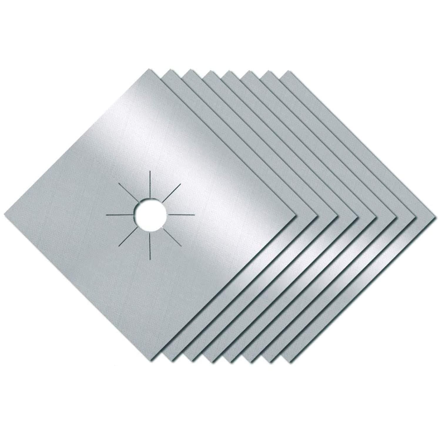 PUPOUSE Gas Hob Range Protectors Set of 8 - Non-Stick Reusable Cooker Protector Double Thickness Gas Stove Mats Easy to Clean (Silver)