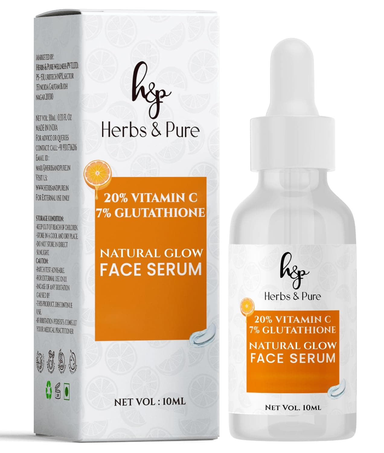 Herbs & Pure Natural Glow 20% Vitamin C + 7% Glutathione Face Serum | Instant Glow Dark Spots Pigmentation Tan Removal | Brightening Serum All Skin Types Women Men | Travel Size 10ml Trial Pack