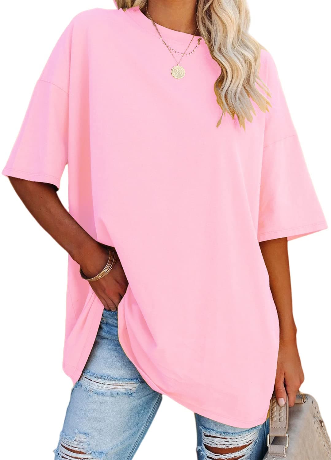 Women's Oversized T Shirts Summer Short Sleeve Loose Fit Casual Crewneck Plain Tunic Tops