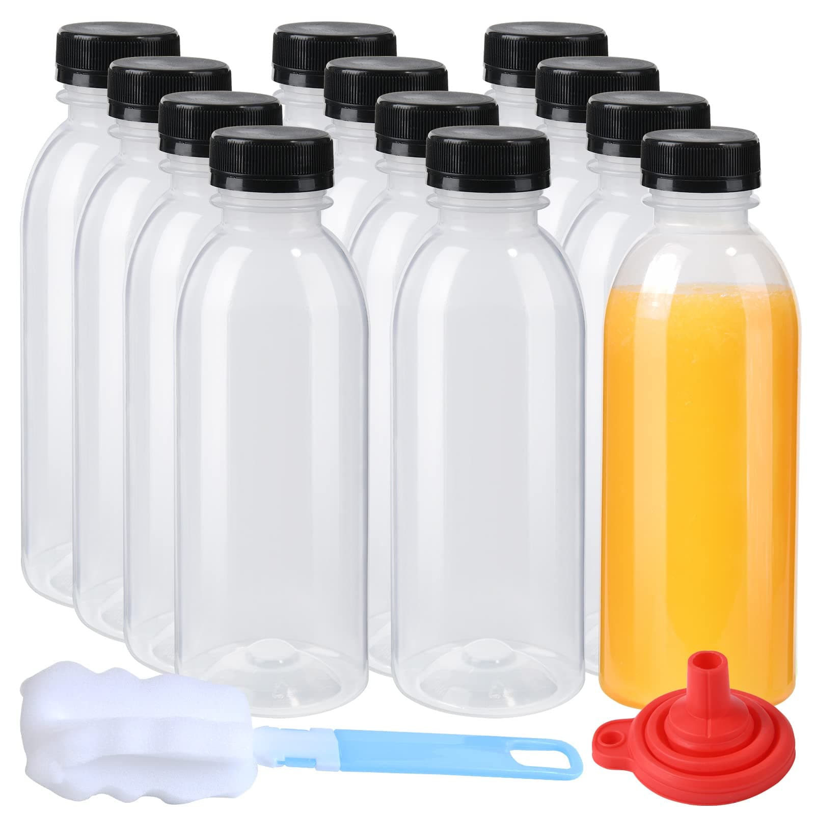 12 Pack 15oz(450ml) PP Heat-Resistant Plastic Juice Bottles With Caps-Plastic Smoothie Bottles-Reusable Bulk Beverage Containers with Lids For Juice, Beverage(Dishwasher Safe)