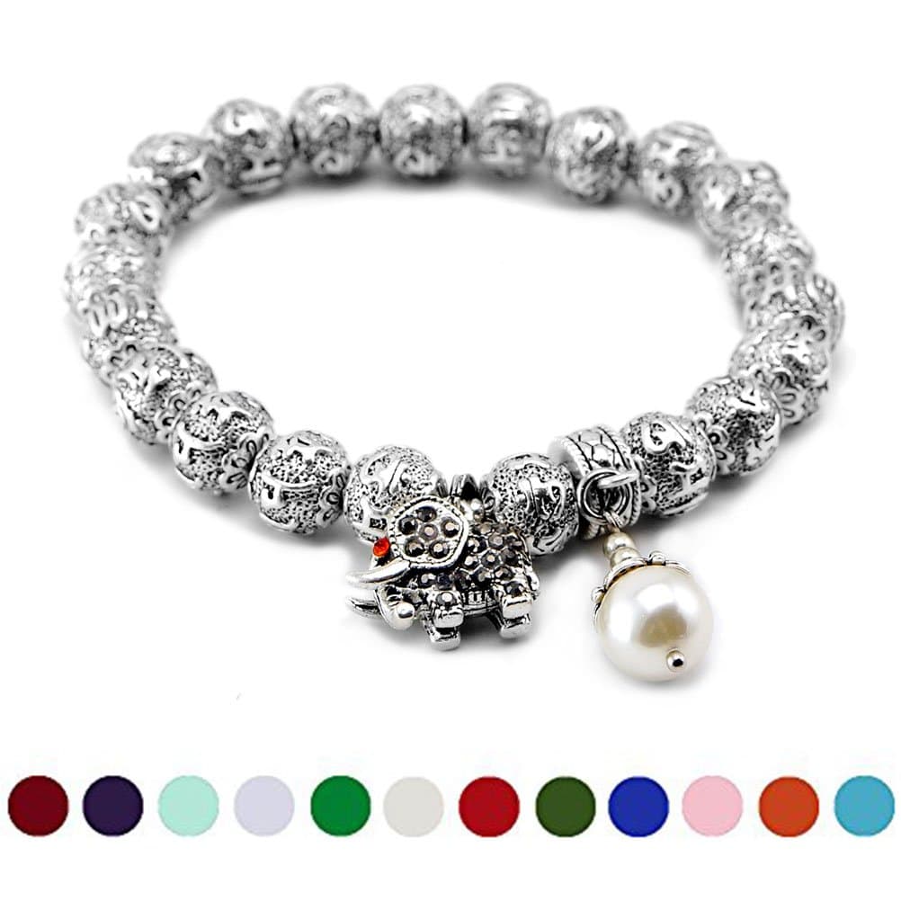 June Garnet Birthstone Om Mani Padme Hum Prayer Beads Bracelet, Cat Eye Jewels Tibetan Silver 10mm Beads Birthstone with Lucky Elephant Charms Stretch wristband H23