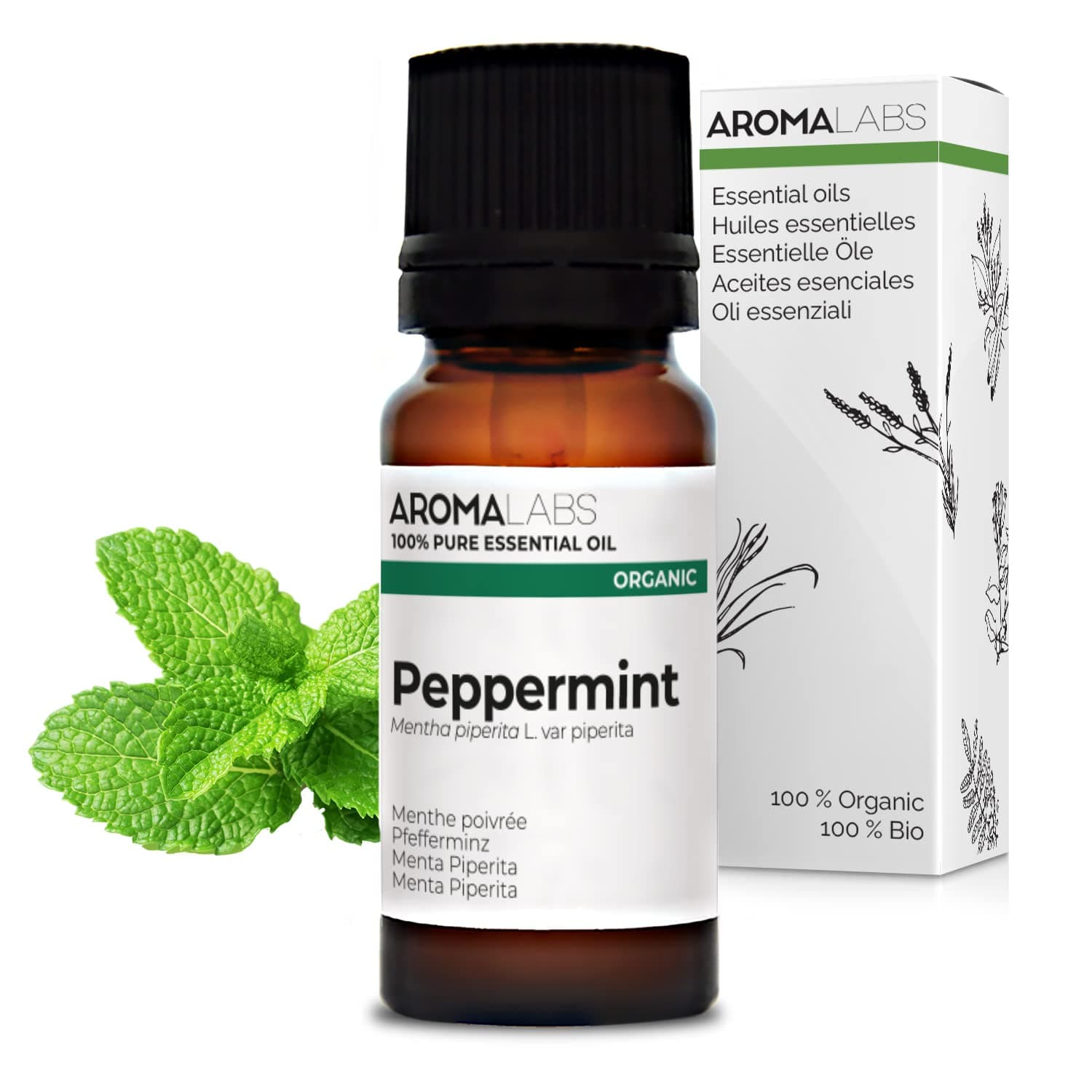 Organic Peppermint Essential Oil - 10ml - 100% Pure, Ecocert Certified Organic - Best Therapeutic Grade Essential Oil - Aroma Labs, Neutral