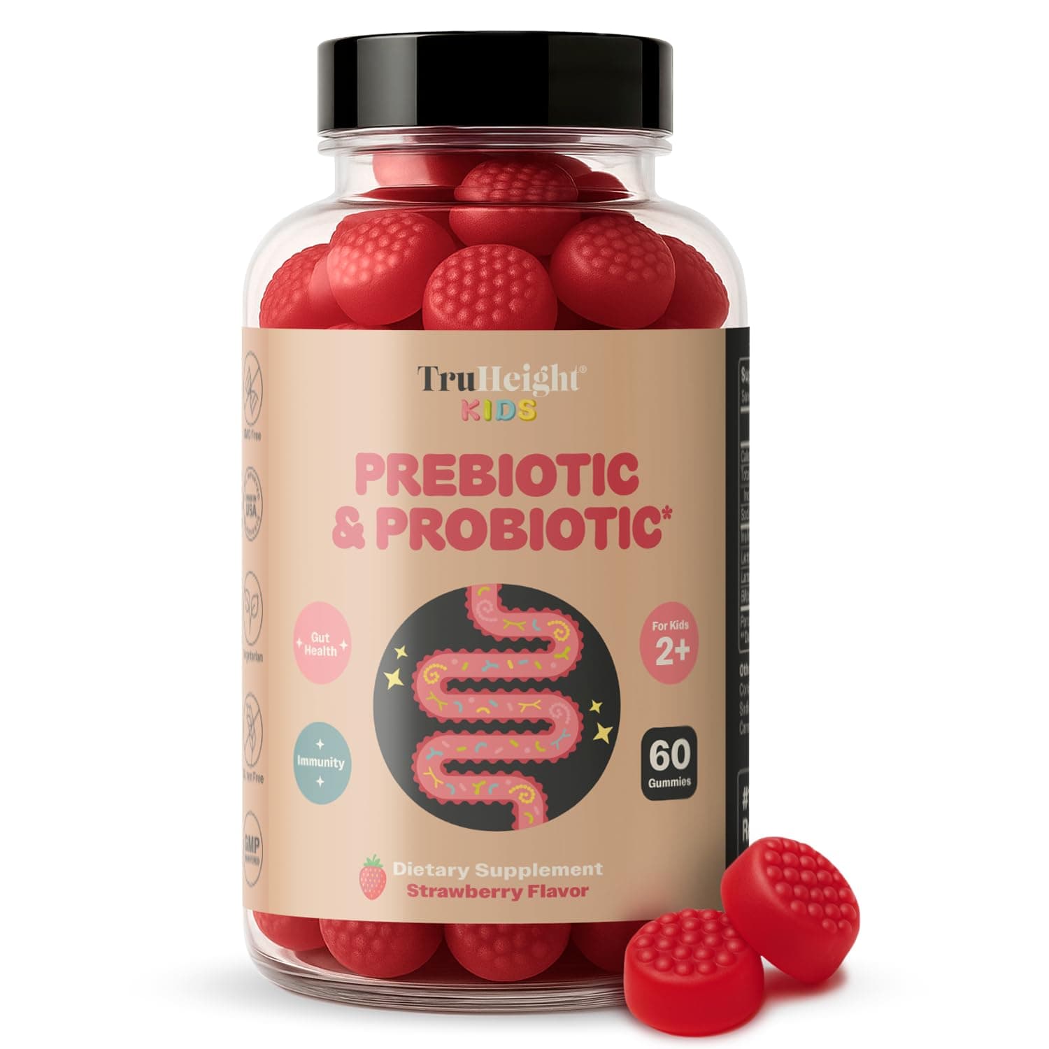 Kids Prebiotic & Probiotic Gummies, Strawberry Flavour, 60 Count, Ages 2+, Digestive Health Support