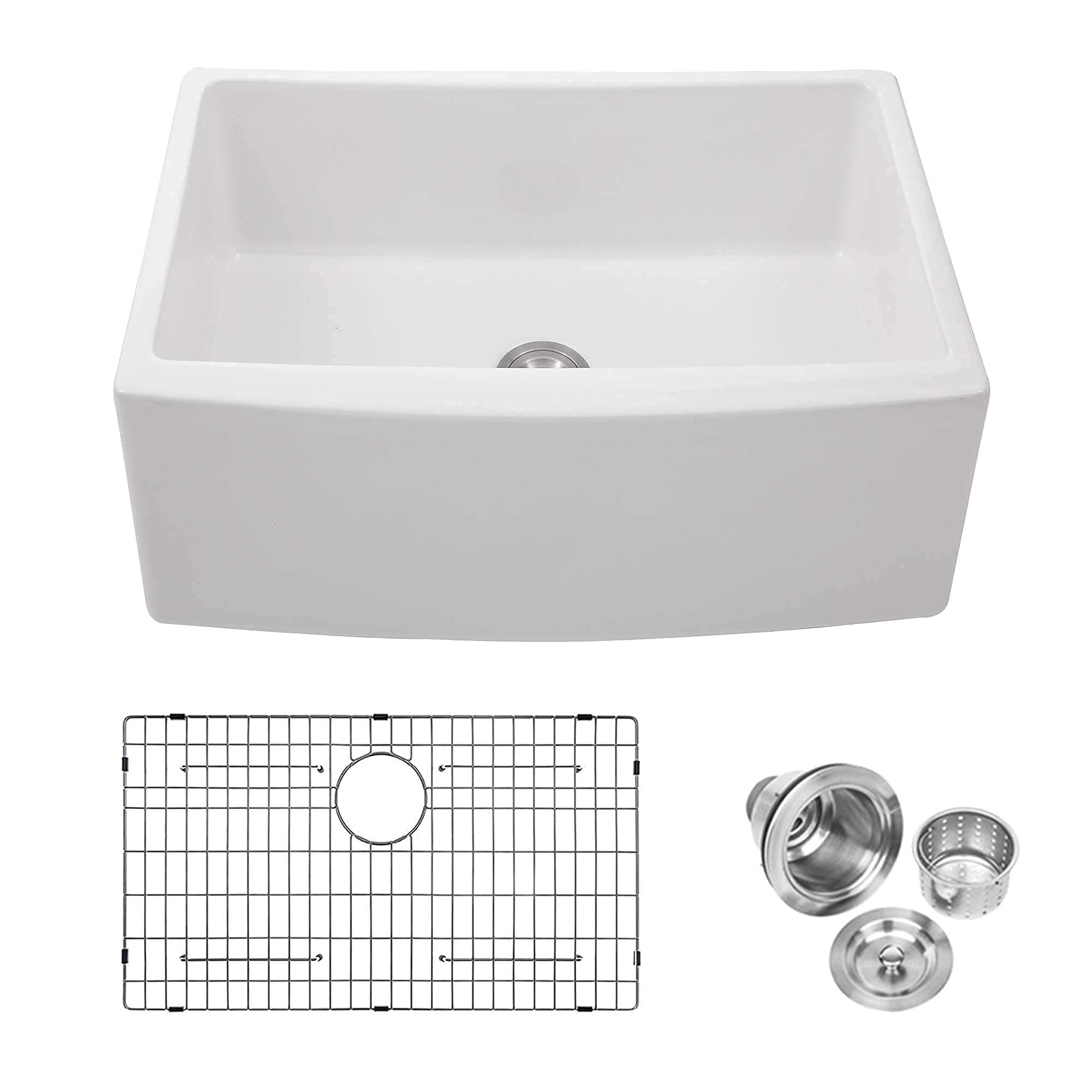 White Farmhouse Sink - Lordear 24 Inch Kitchen Sink Apron Front White Fireclay Ceramic Porcelain Single Bowl Kitchen Farm Sink Laundry Utility Sink