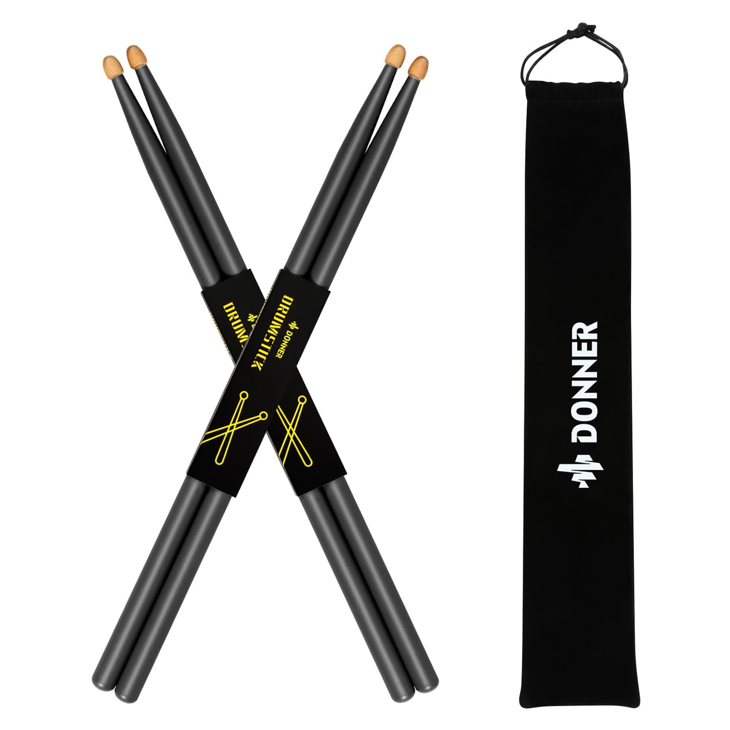 Donner Black Drum Sticks 5A Classic Maple Wood Drumstick 2 Pair with Carrying Bag