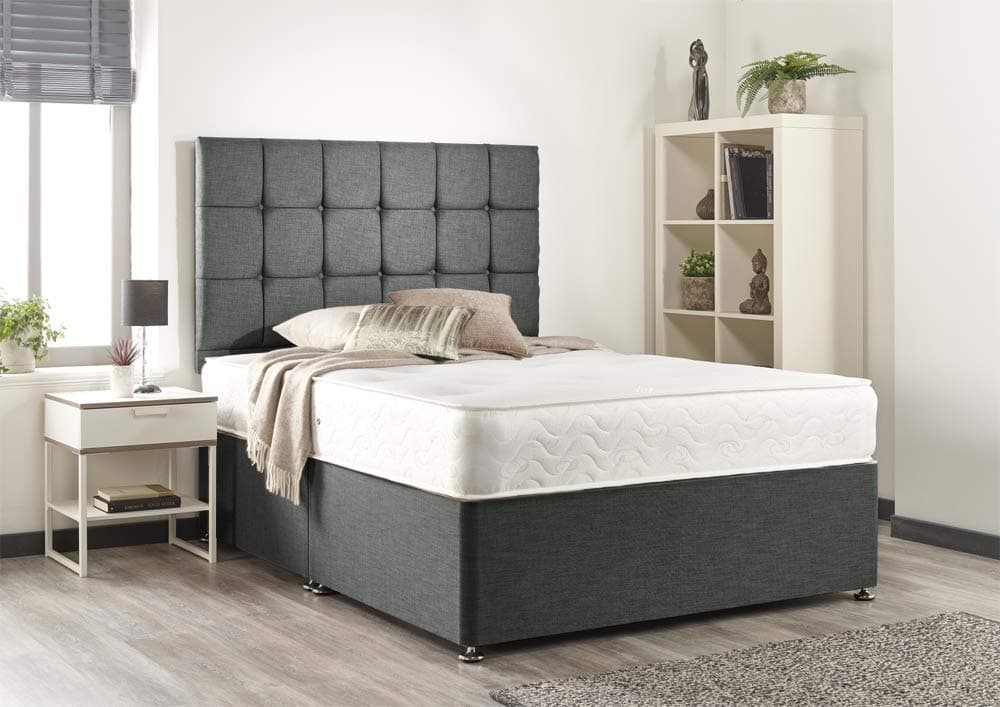 Grey Linen Memory Foam Divan Bed Set – Double (135×190 cm) with Mattress & Headboard | No Drawers | Modern Design | Easy Assemble | UK Made