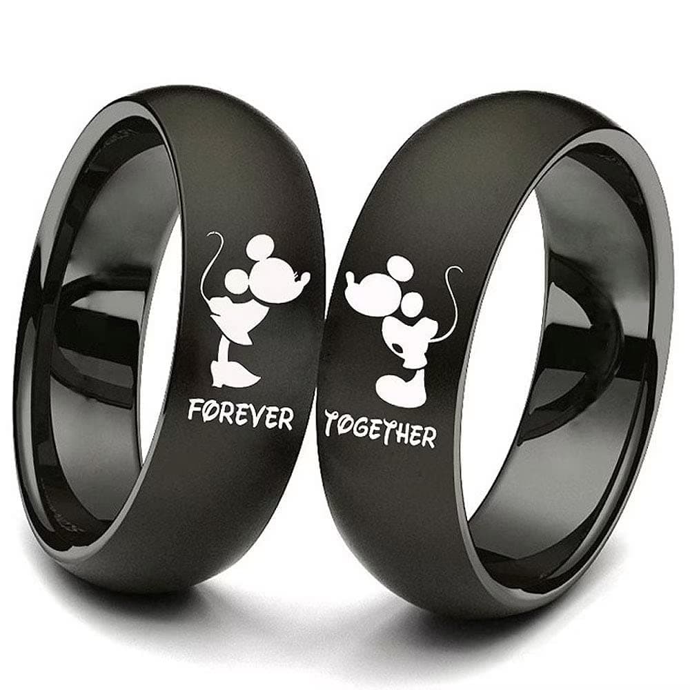 His and Hers Titanium Steel Couple Rings Mickey Mouse Kiss Forever Together Promise Wedding Band Black【Please Buy 2 Rings as a Pair】