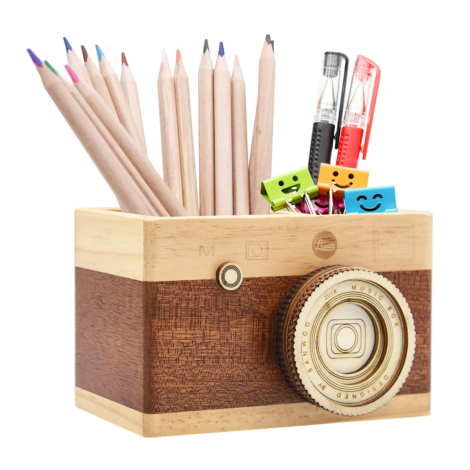 Creative Camera Wooden Pencil Holder Desktop Pencil Holder Stationary Makeup Organizer Holder for Office Home, Great Gift for Photographers (Long)