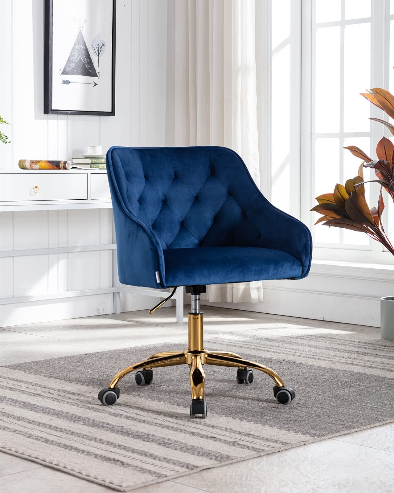 BaysitoneVelvet Home Office Desk Chair, Modern Swivel Task Armchair with Adjustable Height, Upholstered Tufted Accent Computer Chair for Home and Office Working or Studying, Navy Blue