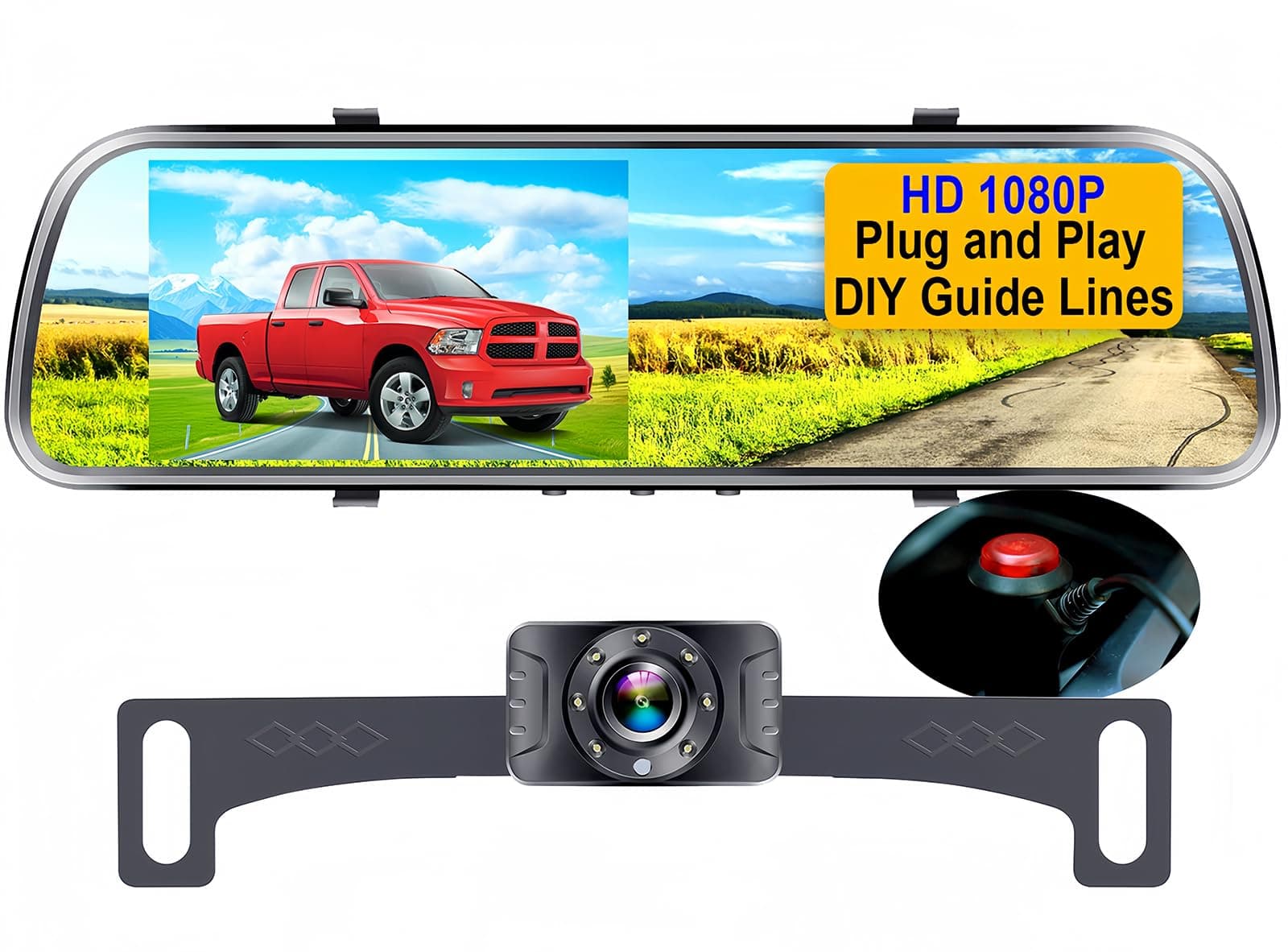 Emmako Backup Camera and Mirror Monitor Kit 4.3 display licence Plate rear view Camera system only need single power for Rear view or Fulltime View optional With 7 LED Night Vision waterproof for Car
