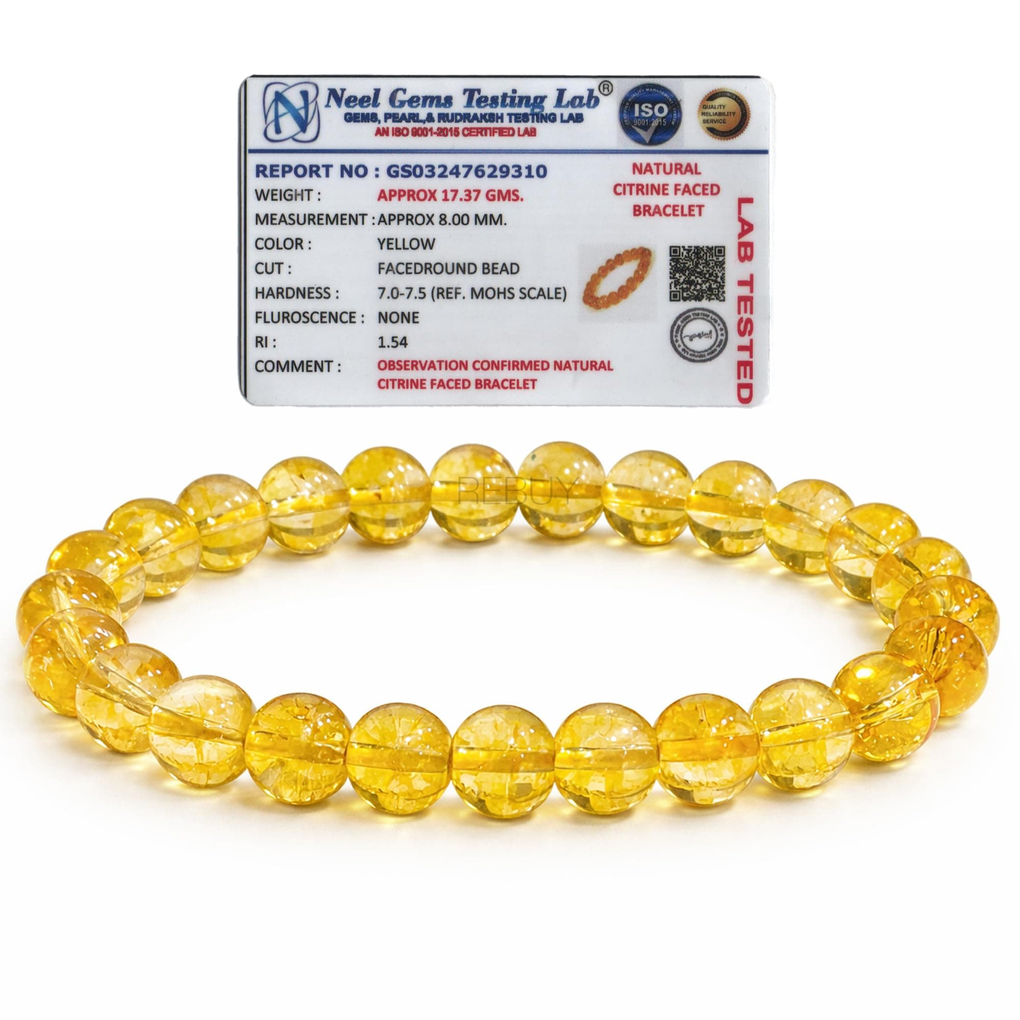 REBUY Citrine Bracelet | Natural Crystal Healing Gemstone Attracts Wealth & Success, Promotes Positivity & Confidence | Certificate of Authenticity Natural Citrine Stone Bracelet for Men & Women | 8mm