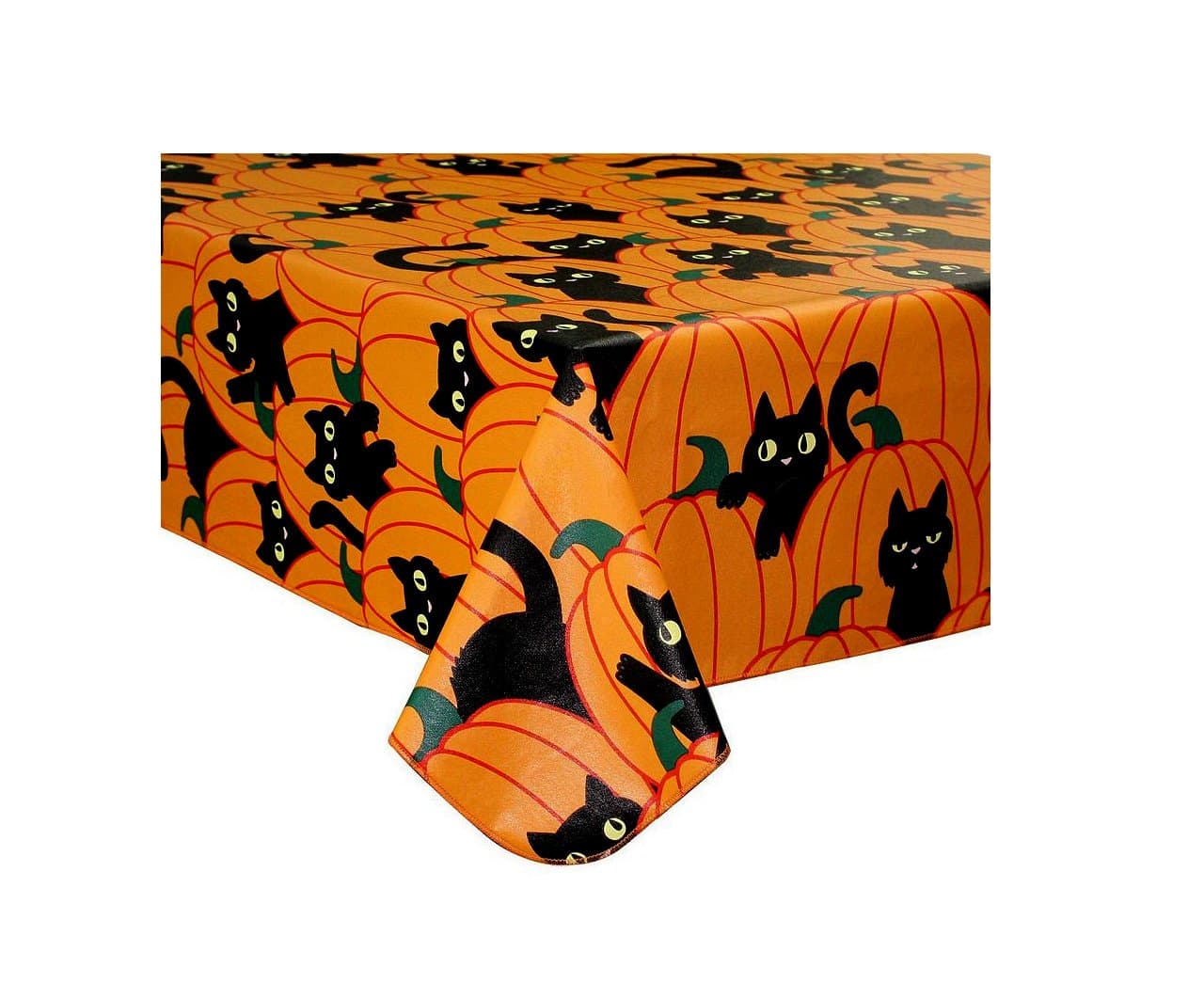 Halloween Tablecloth Vinyl Black Cat and Pumpkin Theme Flannel Back (70 Round)