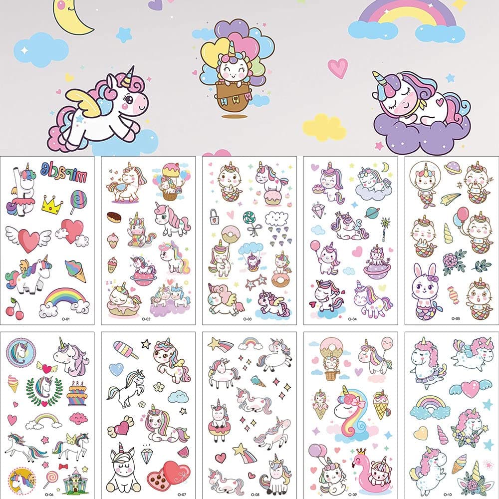 10 Sheet Temporary-Tattoos-for-Kids Tattoos Stickers Cartoon Theme Fake Tattoos for Children Boys Girls Birthday Gift Party Supplies Birthday Decorations Prizes (Cute Unicorn)