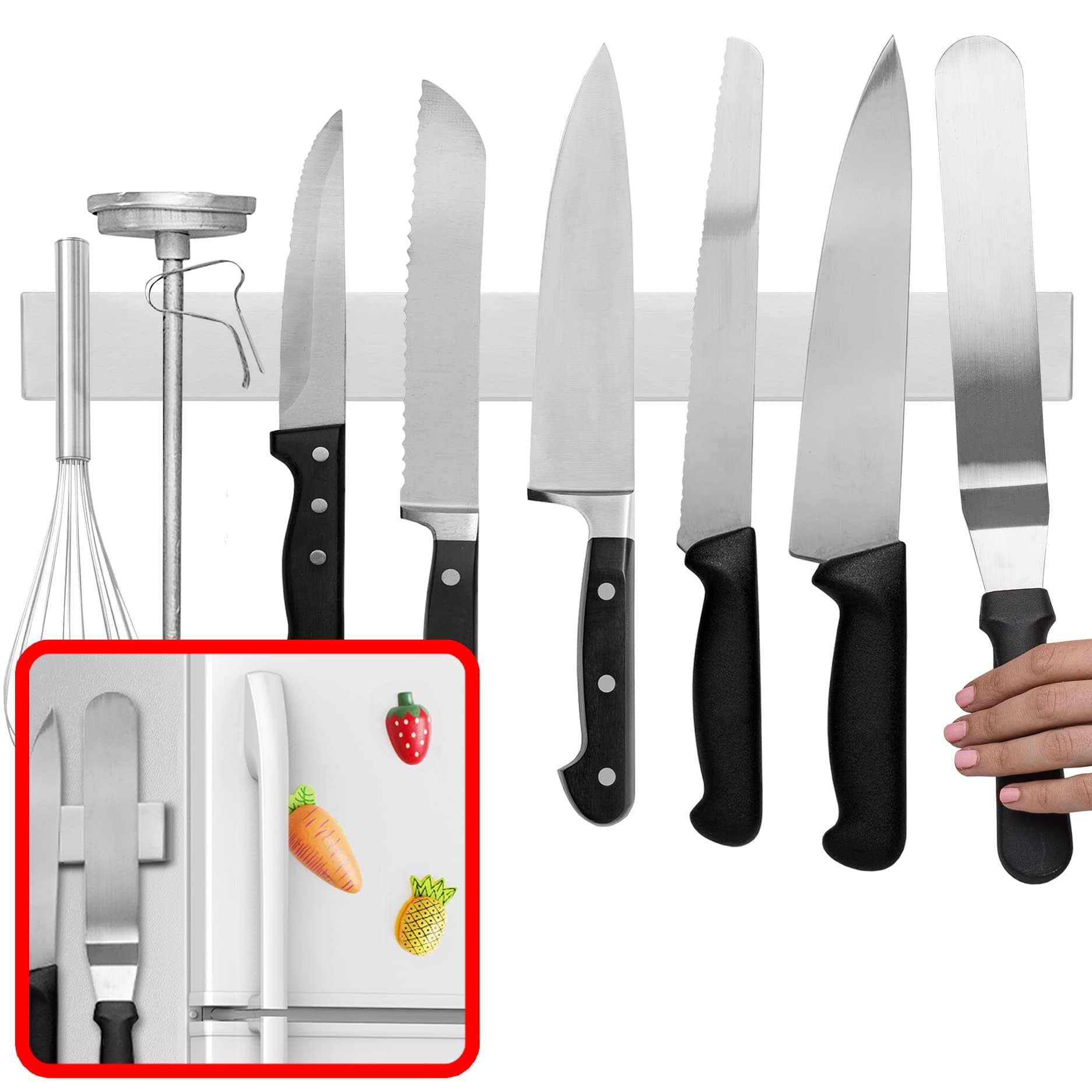 Modern Innovations 16 Inch Magnetic Knife Holder for Refrigerator, Magnetic Knife Holders for Fridge or Kitchen Wall No Drilling, Magnet Strips for Knives & Metal Utensils, Tool Rack, Stainless Steel
